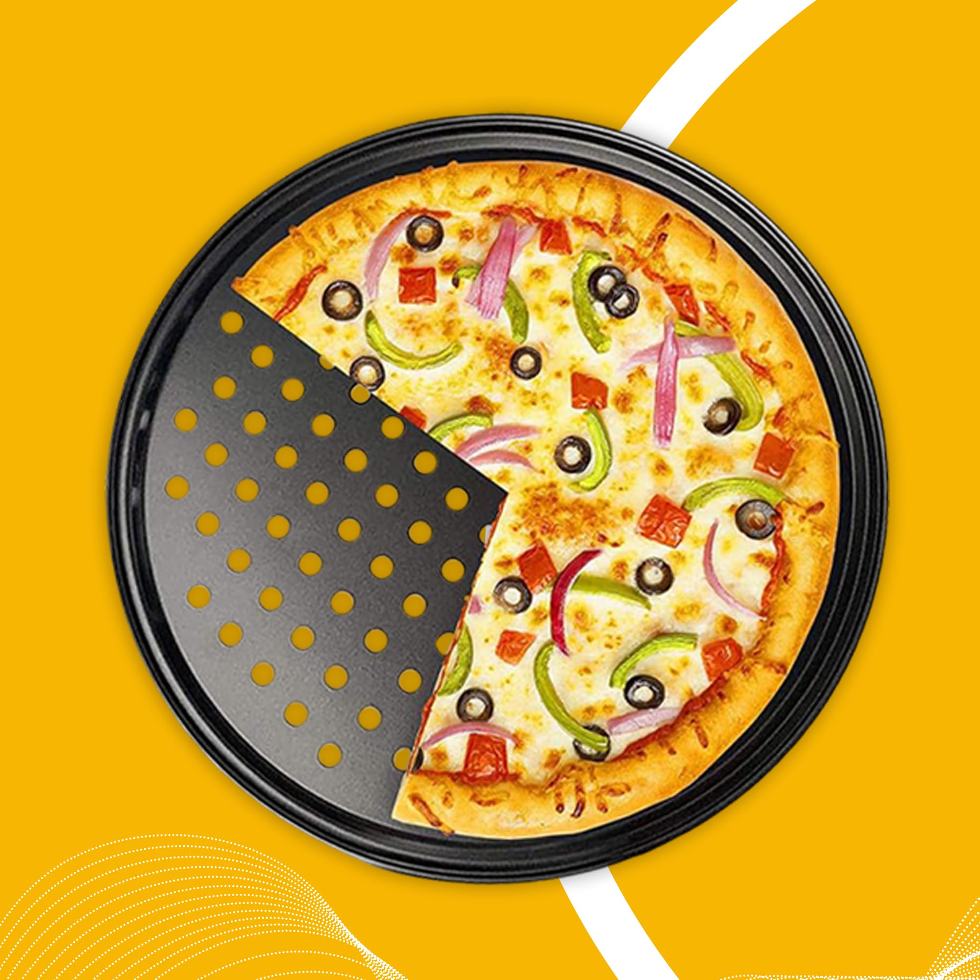 Peng Essentials Carbon Steel Pizza Tray for Oven, Microwave, OTG| Pizza Plates Round Surface, Non-Stick Baking|Diameter 12 inch, Set of 1, (Black)