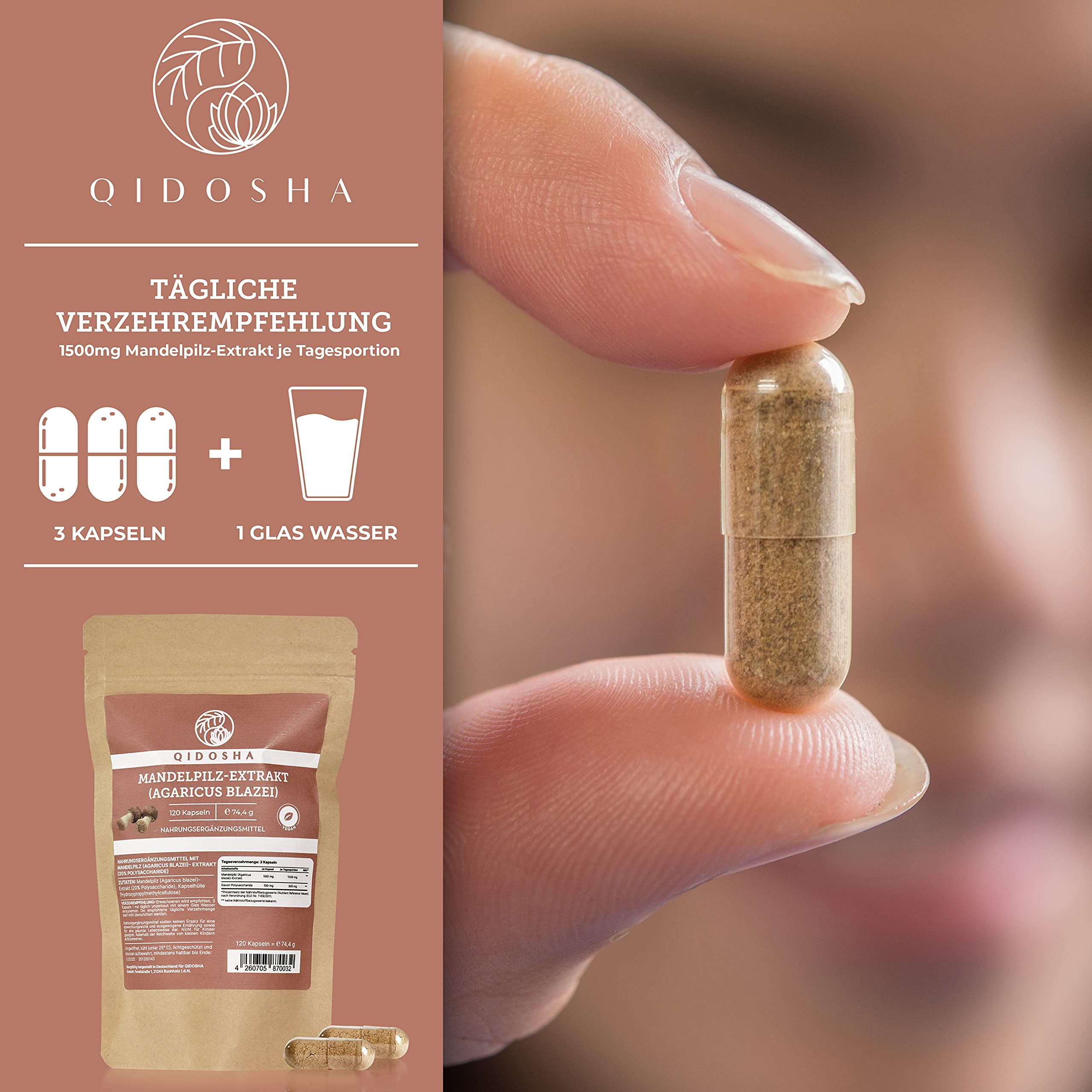 QIDOSHA® Agaricus 30:1 Extrakt Kapseln, 120 Stk, 1500 mg Mandelpilz Extrakt je Tagesportion, Agaricus Blazei Murill Kapseln hochdosiert, Mandelpilz Extrakt Kapseln, vegan, laborgeprueft