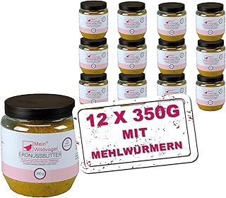 Erdnussbutter mit Mehlwürmern 12 x 350g, nährstoffreiches Fettfutter mit Sonnenblumenkerne für Wildvögel und Gartenvögel. Ganzjähriges Weichfutter für Ihre Vögel, ohne Gentechnik product image