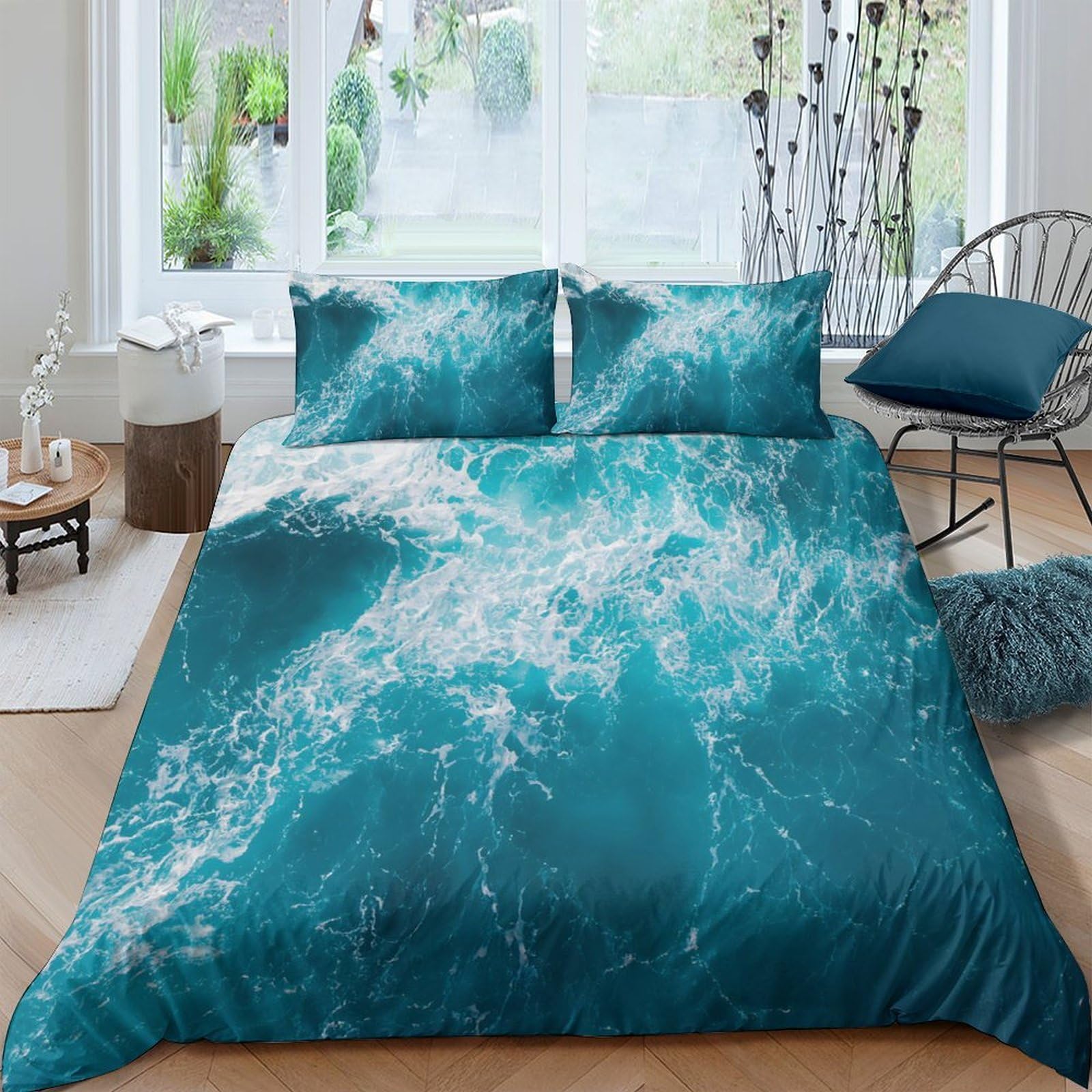 GPLZQXKJNH 3D Printed Ocean Wave Duvet Cover Microfiber Soft Teal Blue Water Pattern Bedding Set with 2 Pillowcases for Bedroom Decor Single（135x200cm）