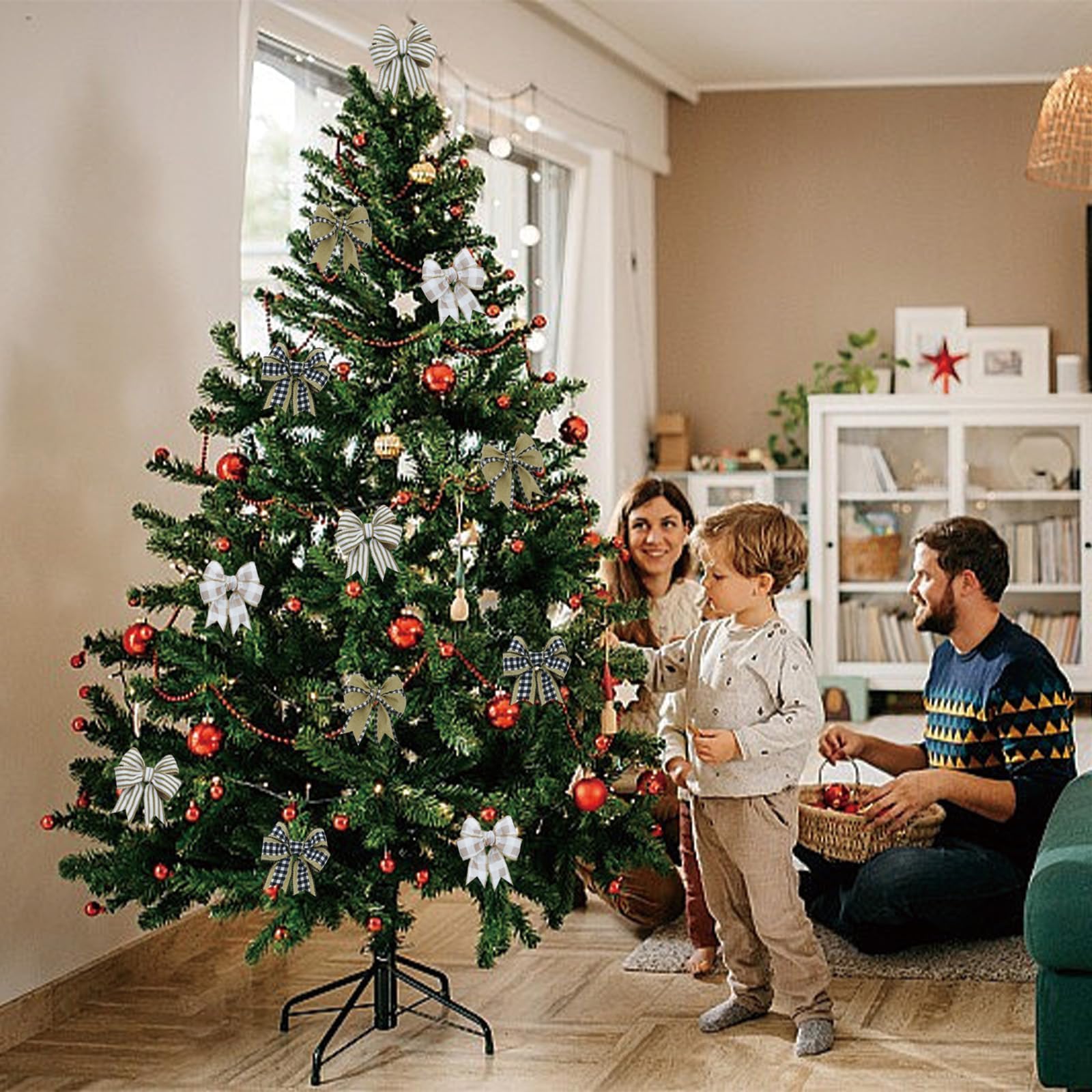 4 Rollen Winter Sackleinen kariert Band Draht Bordüre Weihnachten Urlaub DIY Geschenk Schmetterling Blumen Handwerk Dekor 3,8 cm breit 13,2 m (Natur)