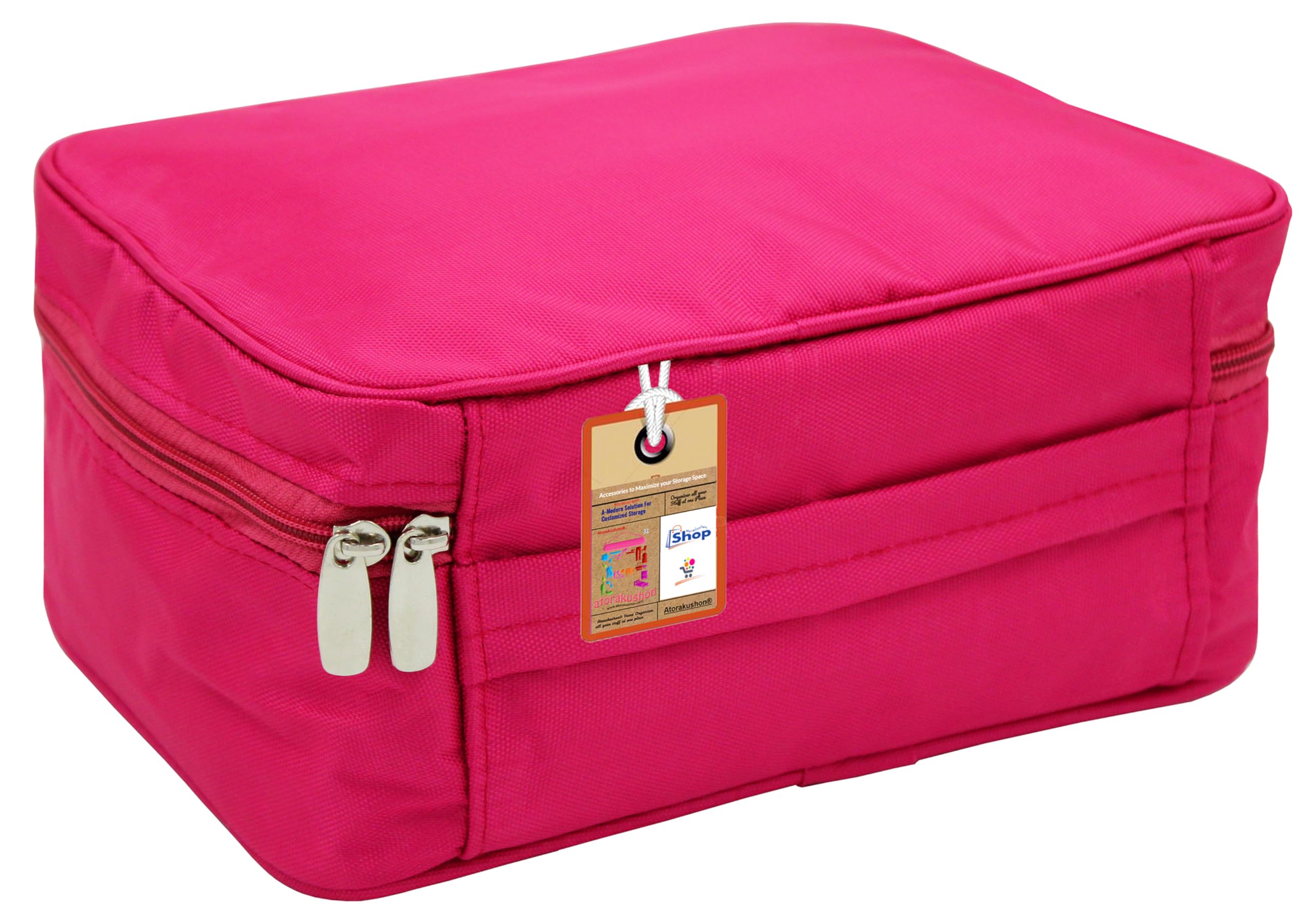 atorakushon Fabric Cosmetic Bag Makeup Pouch Adjustable Jewellery Vanity Box Travel Storage Organizer Household Grooming Bag for Women (Pink)