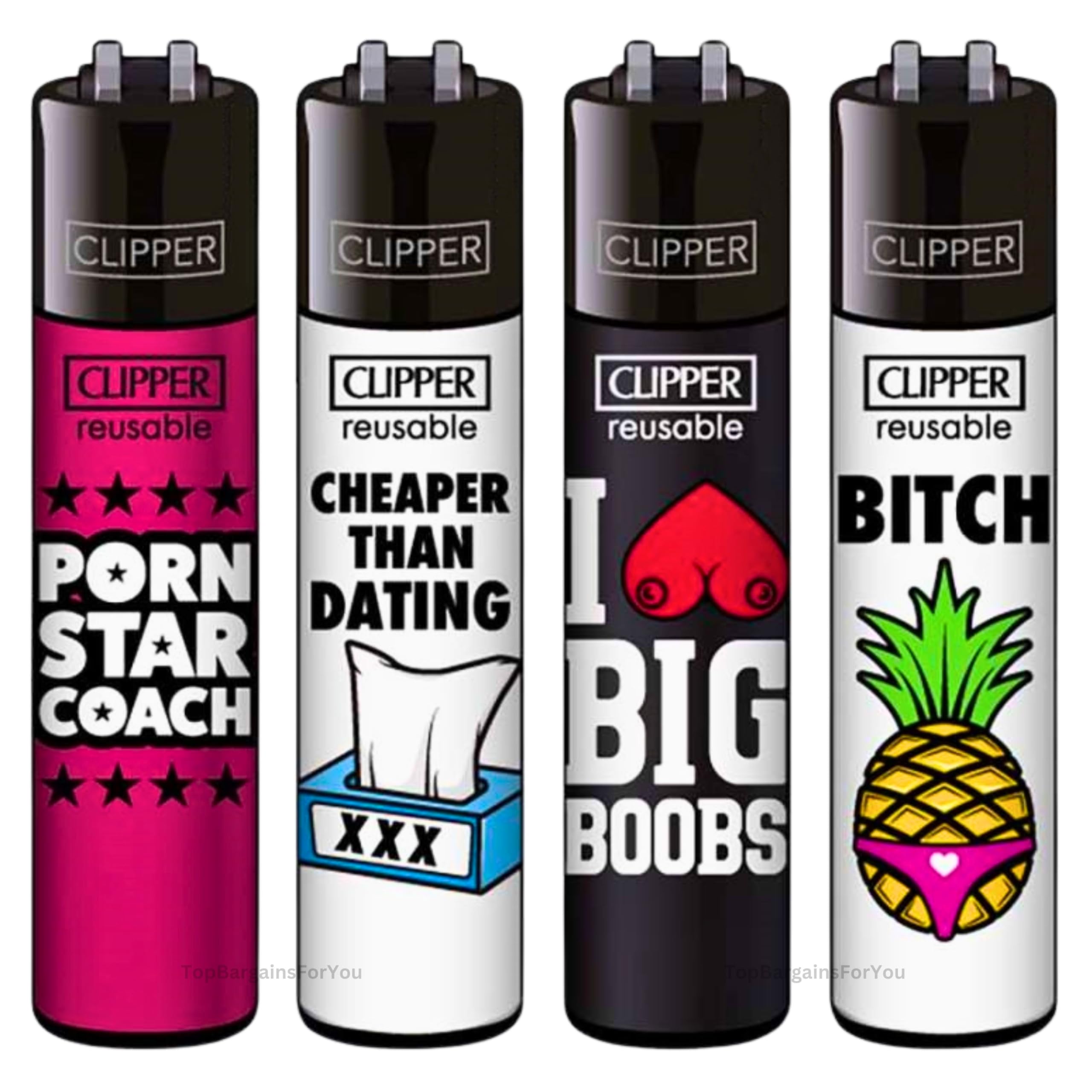 Zactly - 4 x Clipper Lighter Set Gas Refillable Windproof Lighters Standarad Size Replaceable Flint Rare Limited Edition (Naughty Words PN 2)
