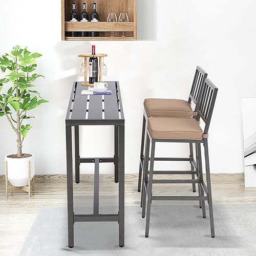 Miniatura 9 de Sillas y mesa de bar para exteriores, juego de bar de metal para patio, 3 piezas con taburetes y cojines, patio trasero, porche, bistró, balcón