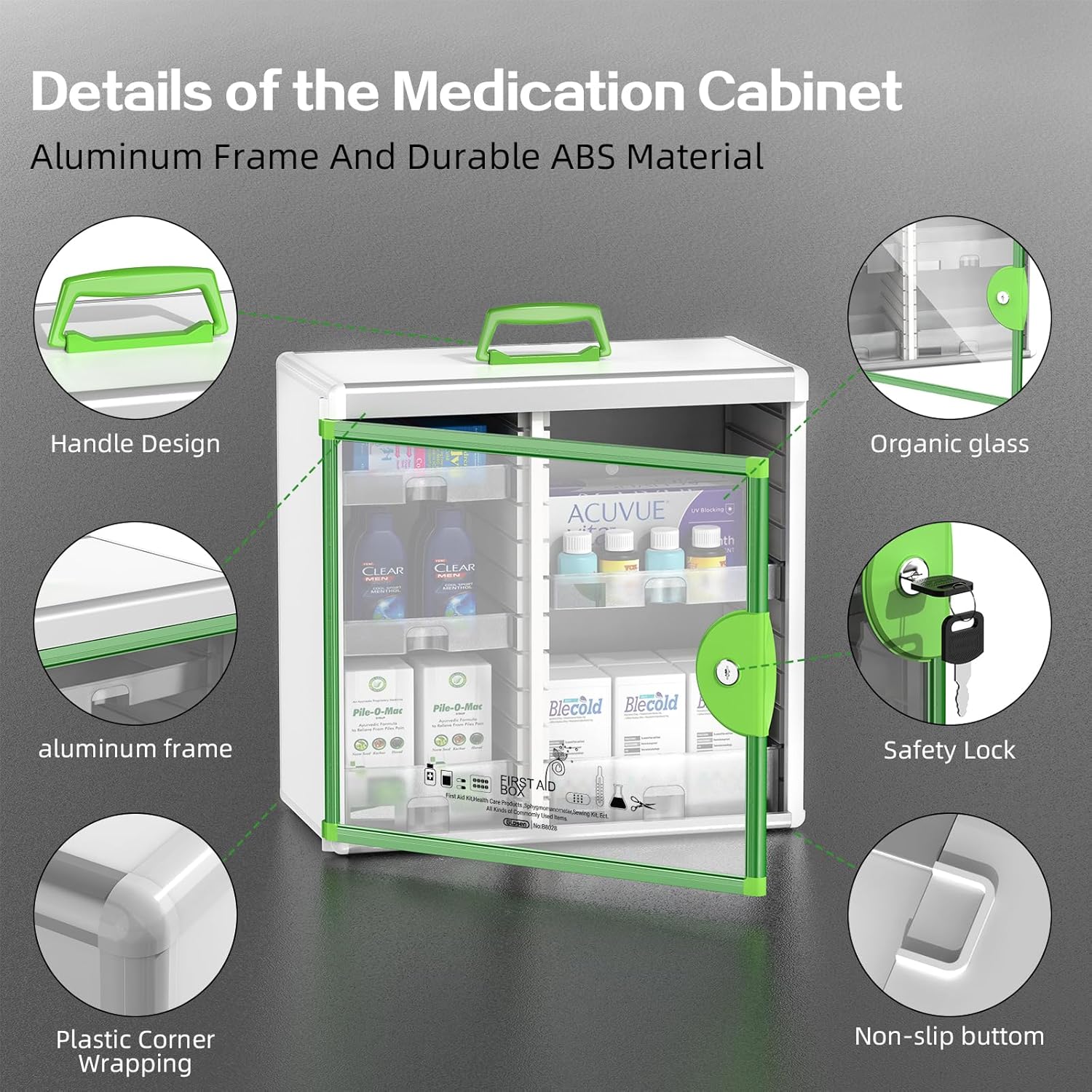 Glosen Lockable Medicine Cabinet with 5 Removable Trays, Wall Mounted & Portable Locking Medicine Cabinet Organizer with Key Lock for Home, Bathroom, Office - Aluminum Alloy Frame(13.6x13.4x6.5Inch)