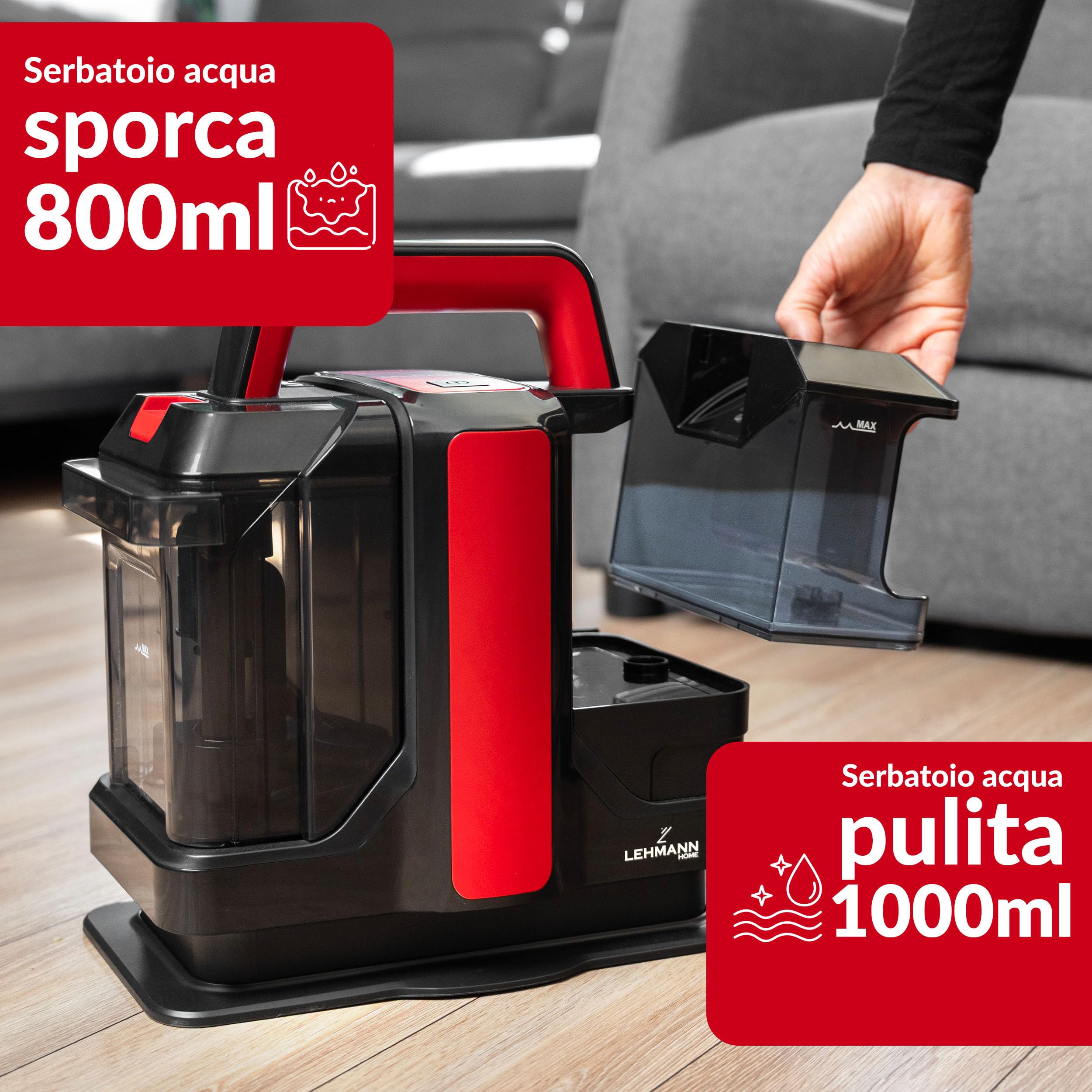 LEHMANN EasyWash Lavatappeti Portatile - Aspirapolvere Lava e Asciuga - Sistema a Doppio Serbatoio - Lava Tappezzeria, Tappeti, Moquette, Materassi e Pulisci Divani - Accessori Inclusi - 750 W