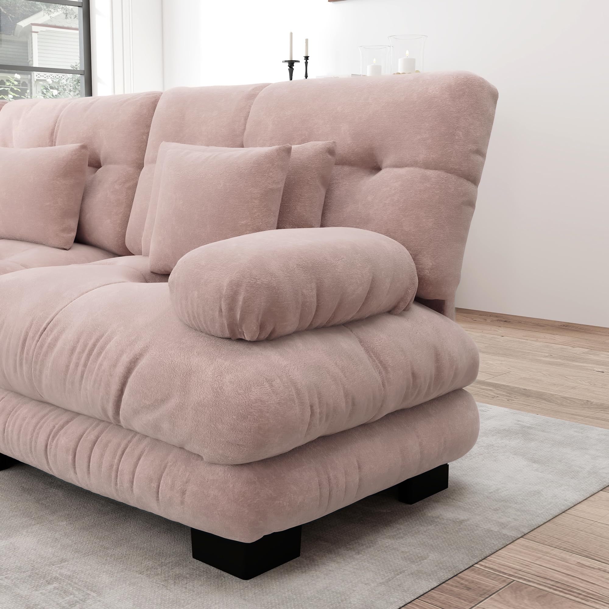 Cloud Divano angolare in ciniglia, 2 cuscini lombari, 2 cuscini decorativi, divano imbottito con braccioli larghi, 2 ottomani ciniglia rosa per soggiorno
