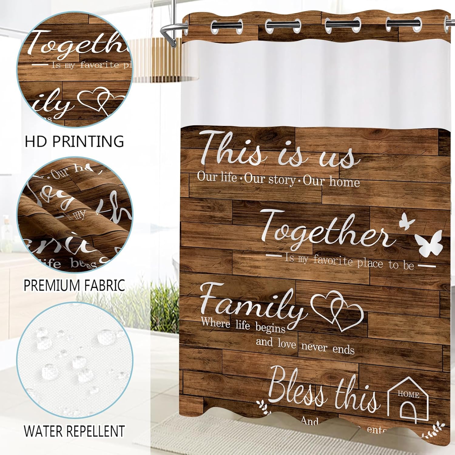 juwute No Hook Brown Family Shower Curtain with Snap-in Polyester Liner Set, Family Shower Curtain for Bathroom, See Through Top Bath Curtain,Waterproof & Machine Washable, 72 x 75 Inch
