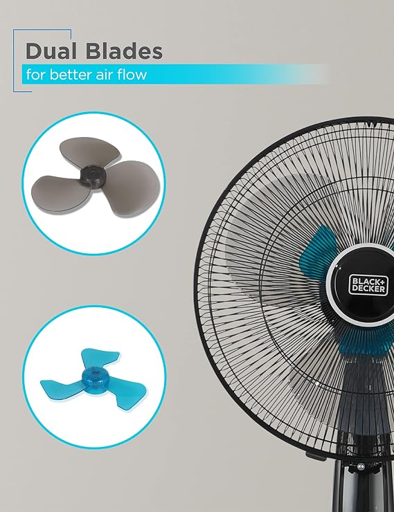 BLACK+DECKER 16 Dual Blade Standing Fan with Remote Control, Oscillating Floor Fan with 3 Speeds, Adjustable Height, 90-Degree Oscillation, 30-Degree Tilt, Shut-Off Timer, BFSD116B, Black