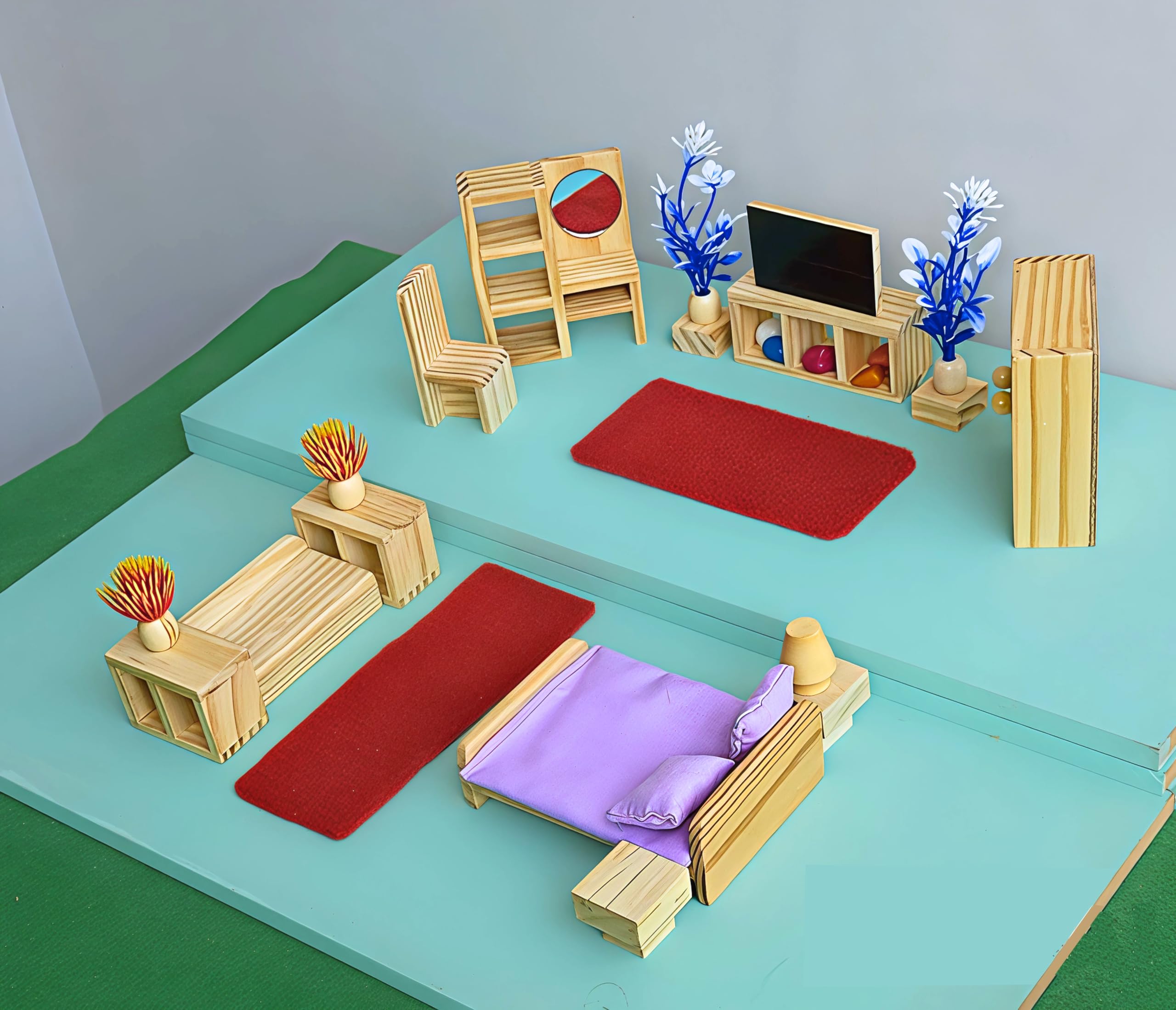 TinyMinyWorld Dollhouse Accessories Furniture Set (Wooden): Drawing Room - Kitchen - Bedroom - Toilet (Bedroom Grand +)