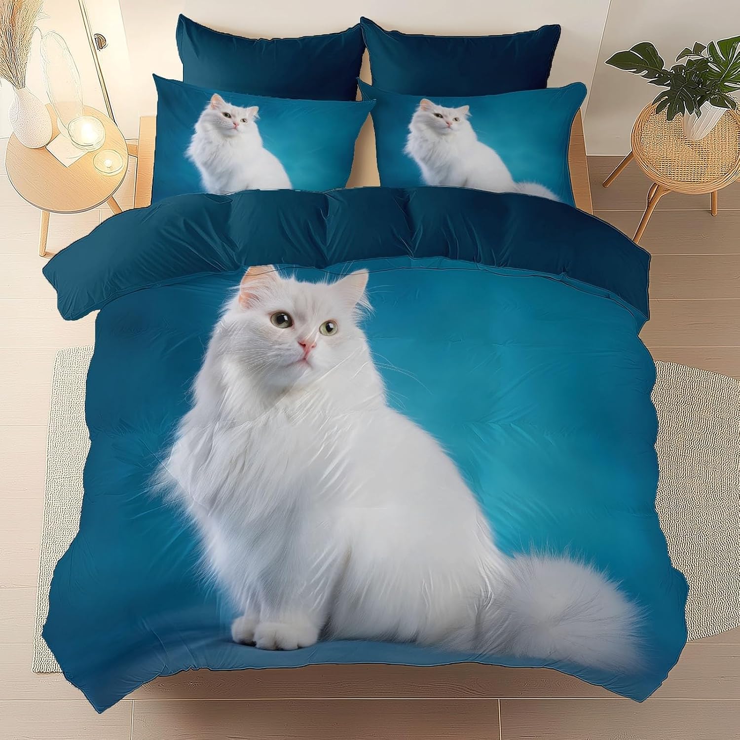 White Cat Pattern Bedding Set Queen Size Modern Style Duvet Cover, Blue-Green Comforter Cover for Kids Boys Teens Decorative Soft Bedspread Cover Bedroom Decor