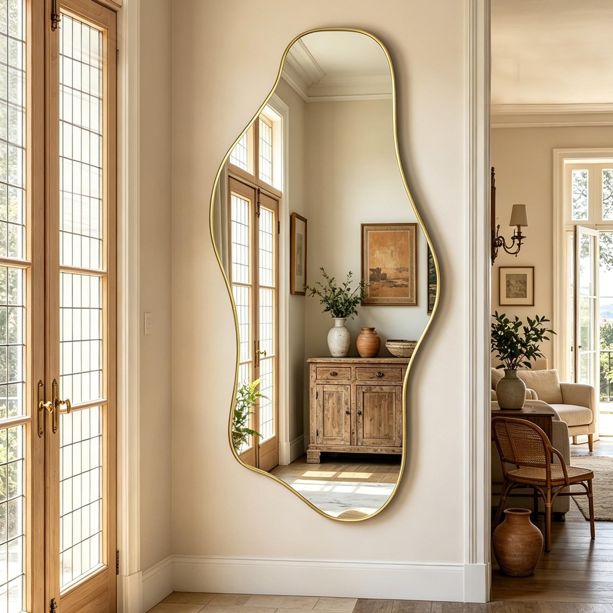 Photo 1 of DAOYIJIAJU Large Irregular Mirror, 63"x30" Asymmetrical Tempered Glass Mirror Full Length, Gold Organic Frameless Wall Mirrors for Entryway Hallway Bedroom Living Room, Horizontal or Vertical Hanging