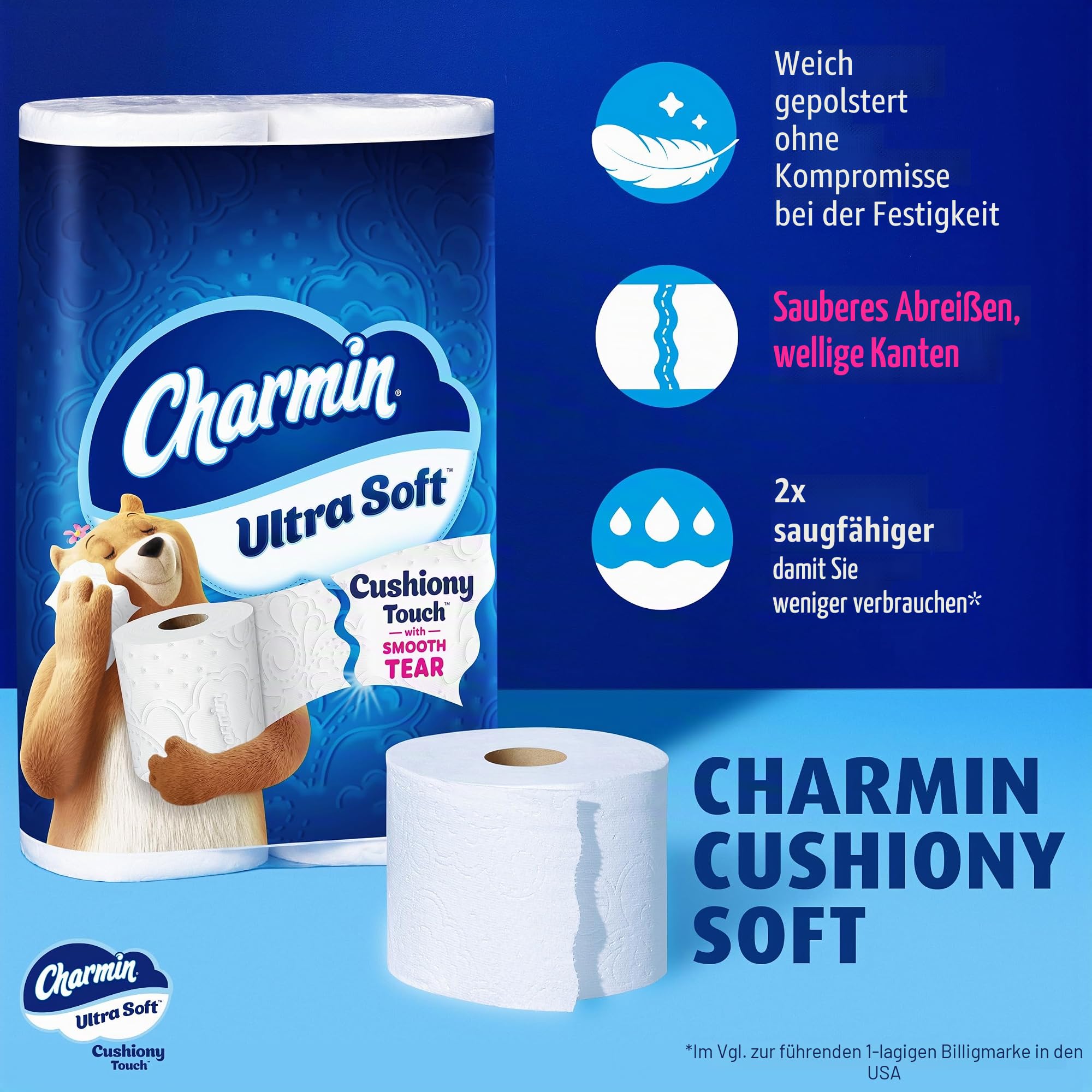 Charmin Ultra Soft WC Papier, Familie Mega Rolle mit gepolsterte Touch (5 x mehr Blatt, 18 Zählen