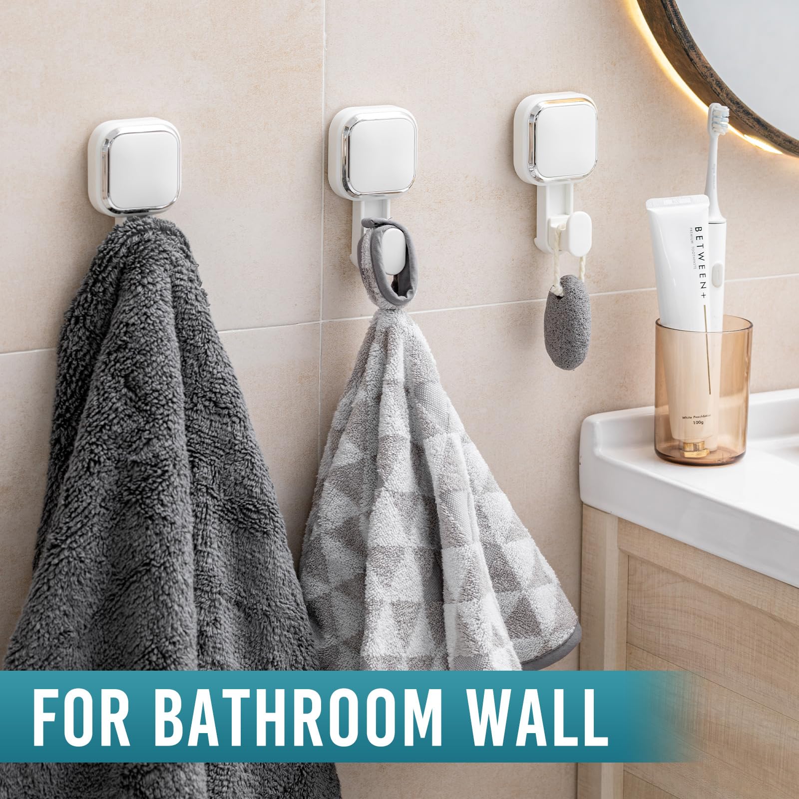 TAILI 4 Pack Suction Cup Hooks for Inside Shower Powerful Vacuum Suction Shower Holders for Towel Loofah Clothes — view 9