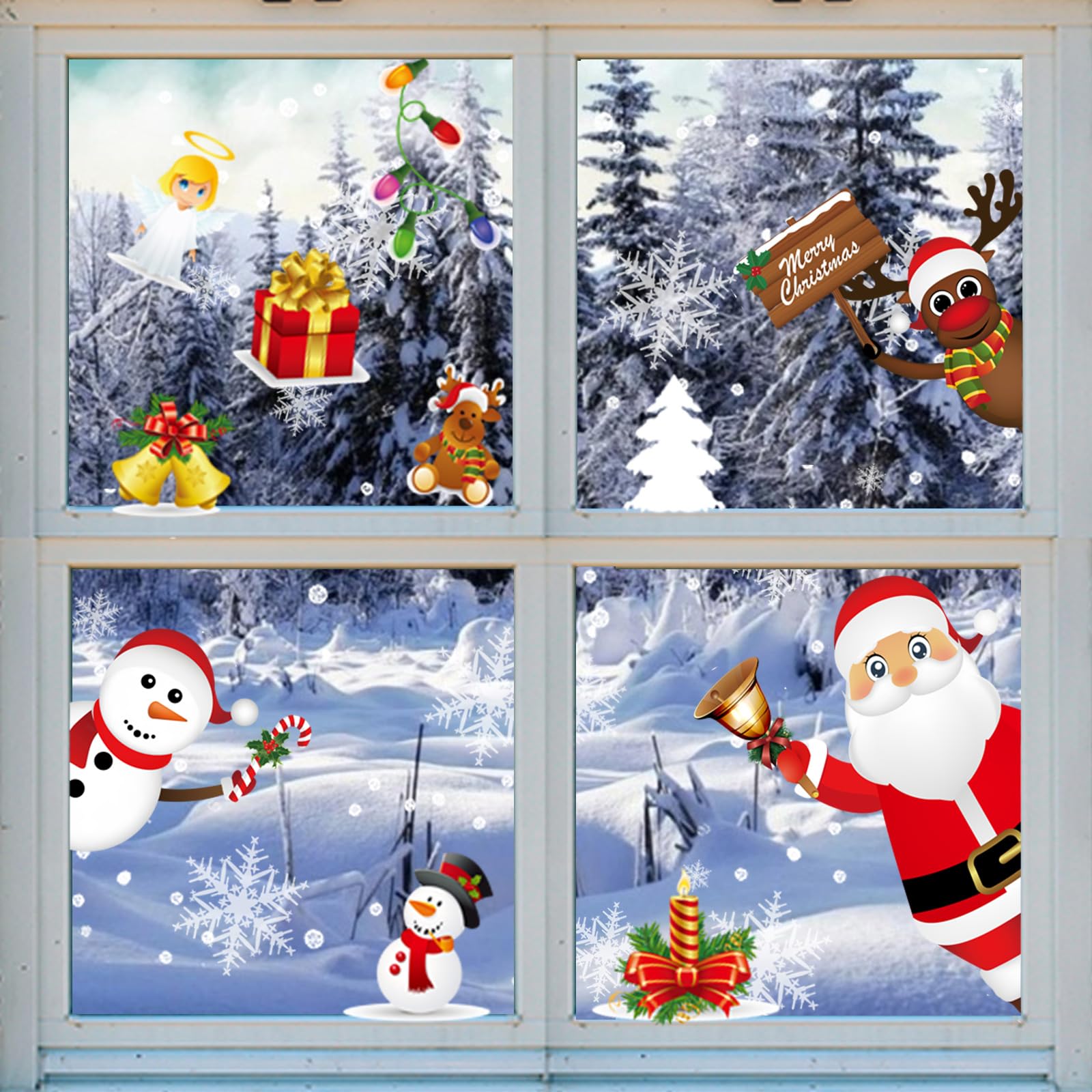 Double-Sided Christmas Window Clings, Window Decorations Stickers for Glass,Adorable Designed Decorative Window Film Christmas Snowflakes Clings with Santa Claus,Reindeer,Snowman (C)