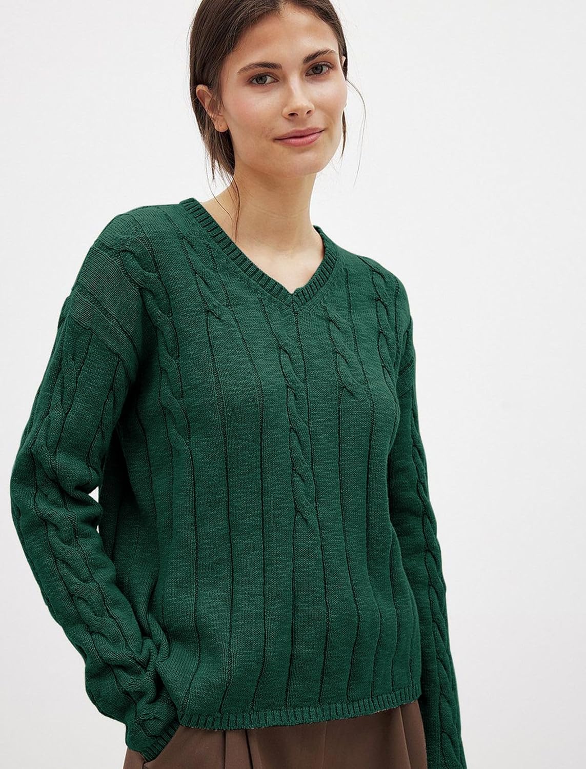 ZAFUL Women's V Neck Cable Knit Sweater 2025 Fall Pullover Long Sleeve Ribbed Loose Top Casual Outfits - Image 2