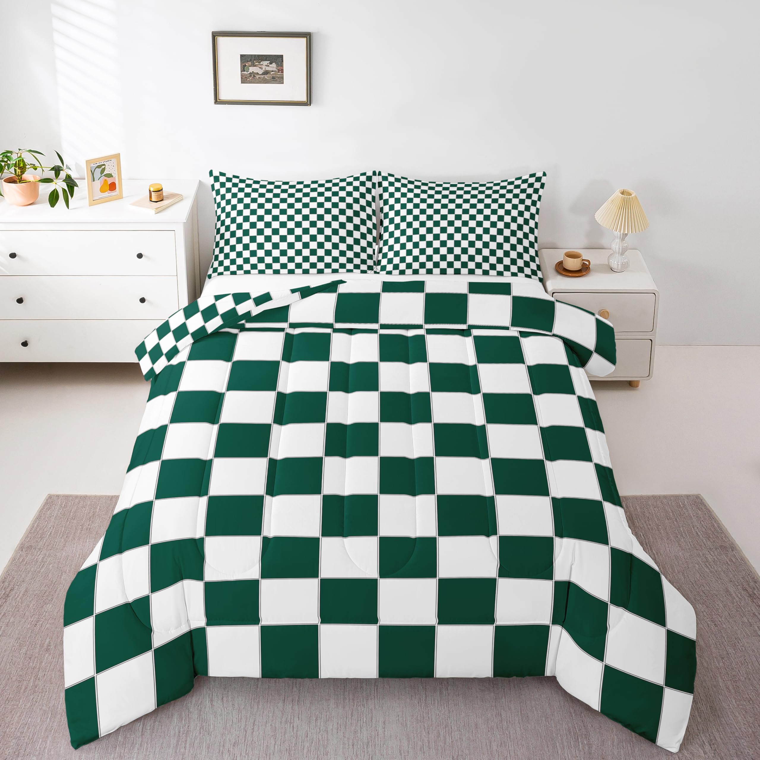 Erosebridal Aesthetic Checkered Quilt Set Full White Green Checkerboard Bedding Set,Buffalo Plaid Grid Comforter Set for Kids Teen Adults Geometric Gingham Bed Set Modern Room Decor
