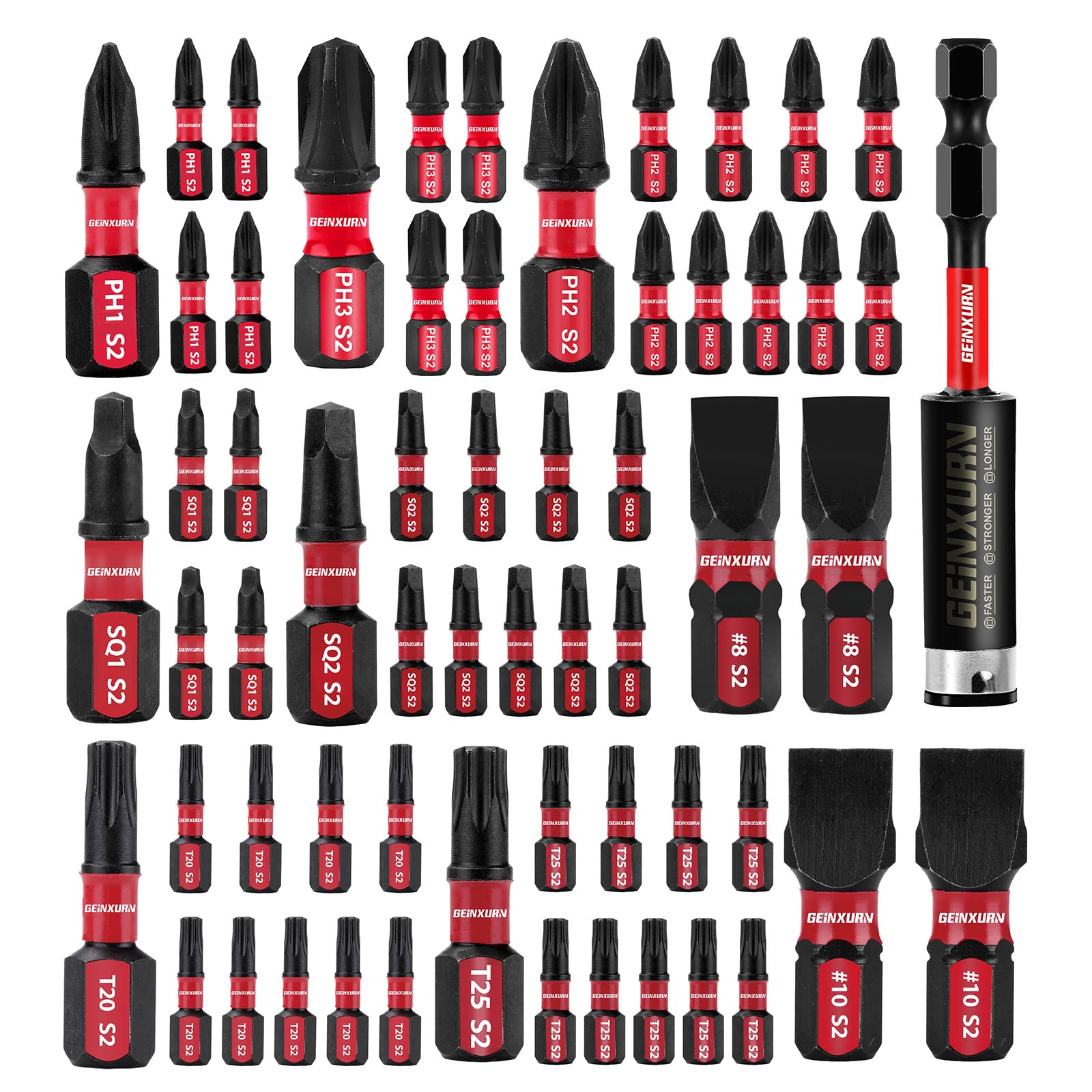 GEINXURN Screwdriver Bit Set with PH1/PH2/PH3/SQ1/SQ2/T20/T25/SL8/SL10 and 1Pcs Impact Bit Holder, 60Pieces Impact Rate Insert Driver Bit Set