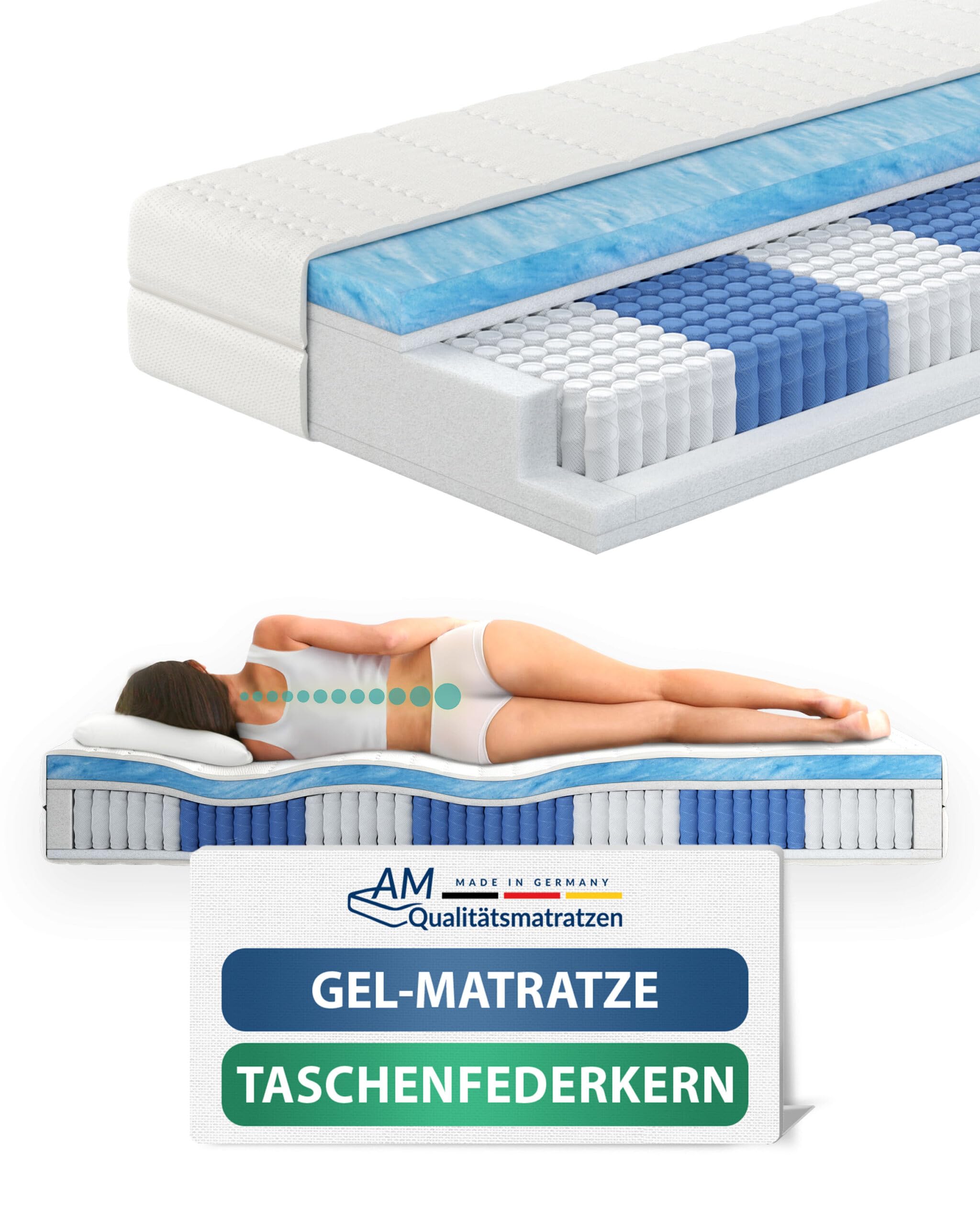 AM Qualitätsmatratzen Colchón 140x200 cm Premium de Gel 7 Zonas - firmeza Media - Made in Germany & Oeko-Tex - Colchón muelles ensacados 140x200 con Gel - 1000 muelles y Funda de Lyocell - 24cm