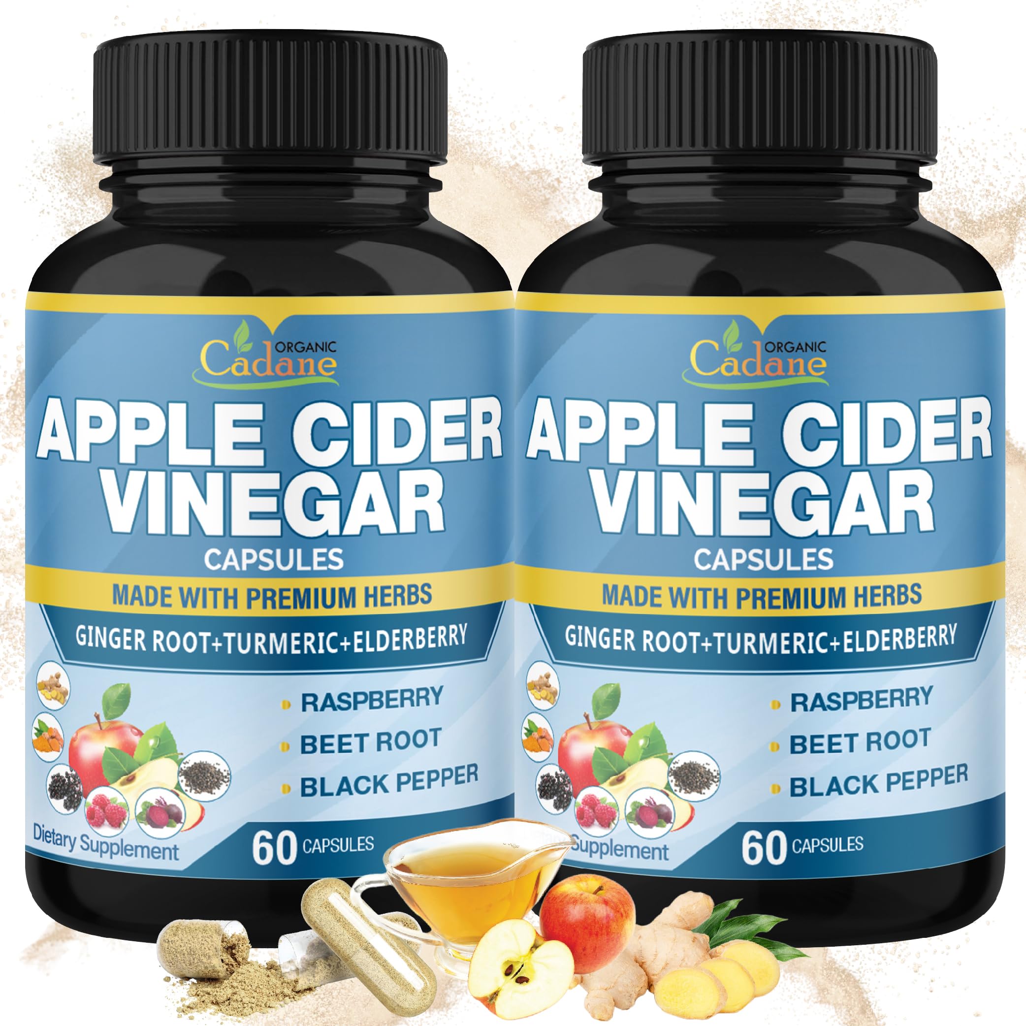 Organic Cadane 2 Packs Apple Cider Vinegar Extract Capsules, 4 Months Supply & Ginger, Turmeric Curcumin, Elderberry, Raspberry, Beet Root, Pepper | Immune System, Digestion Supports
