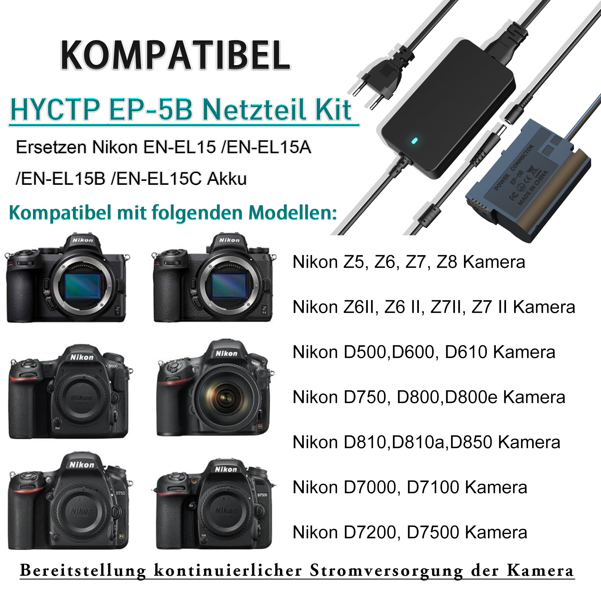 Set di alimentatori EP-5B EH-5 Plus (ricambio per caricabatterie Nikon EN-EL15) per Nikon D500, D600, D610, D750, D7000, D7100, D7200, D7500, D800, D800E, D810, D800A