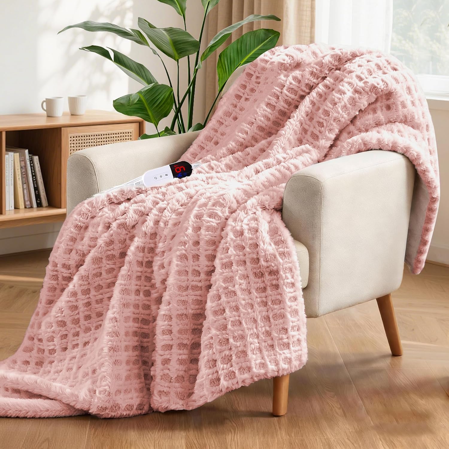 Waffle Heated Throw Blanket 50"x60" – Pink Blush Electric Blanket with 6 Heat Levels & 4 Timer Settings, Ultra-Soft Faux Fur & Sherpa, ETL Certified, Machine Washable, Ideal Gift for Women