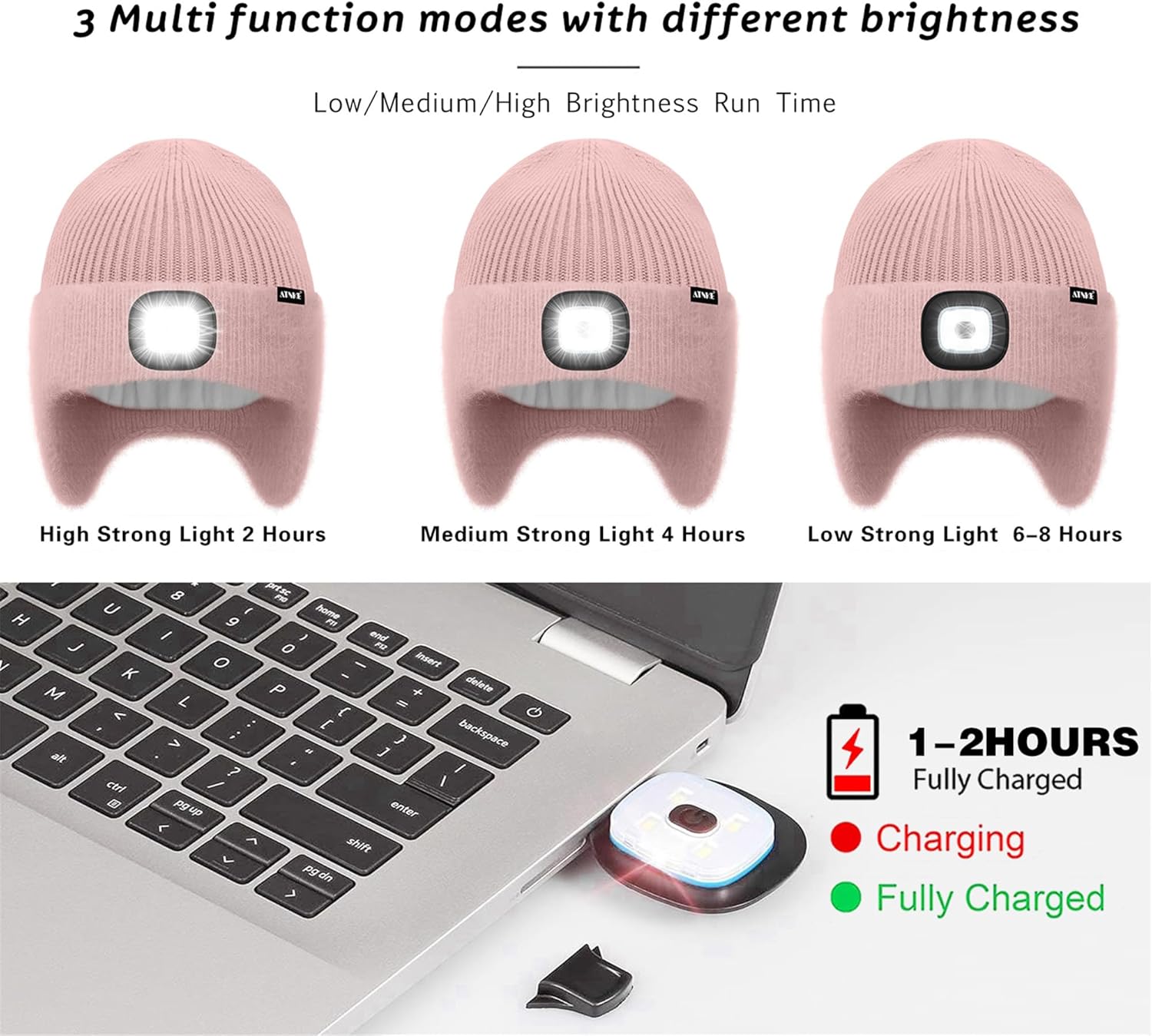 ATNKE LED Lighted Lined Fleece Beanie Cap with Earflap, USB Rechargeable 4 LED Run Headlamp Hat Gifts for Men and Women