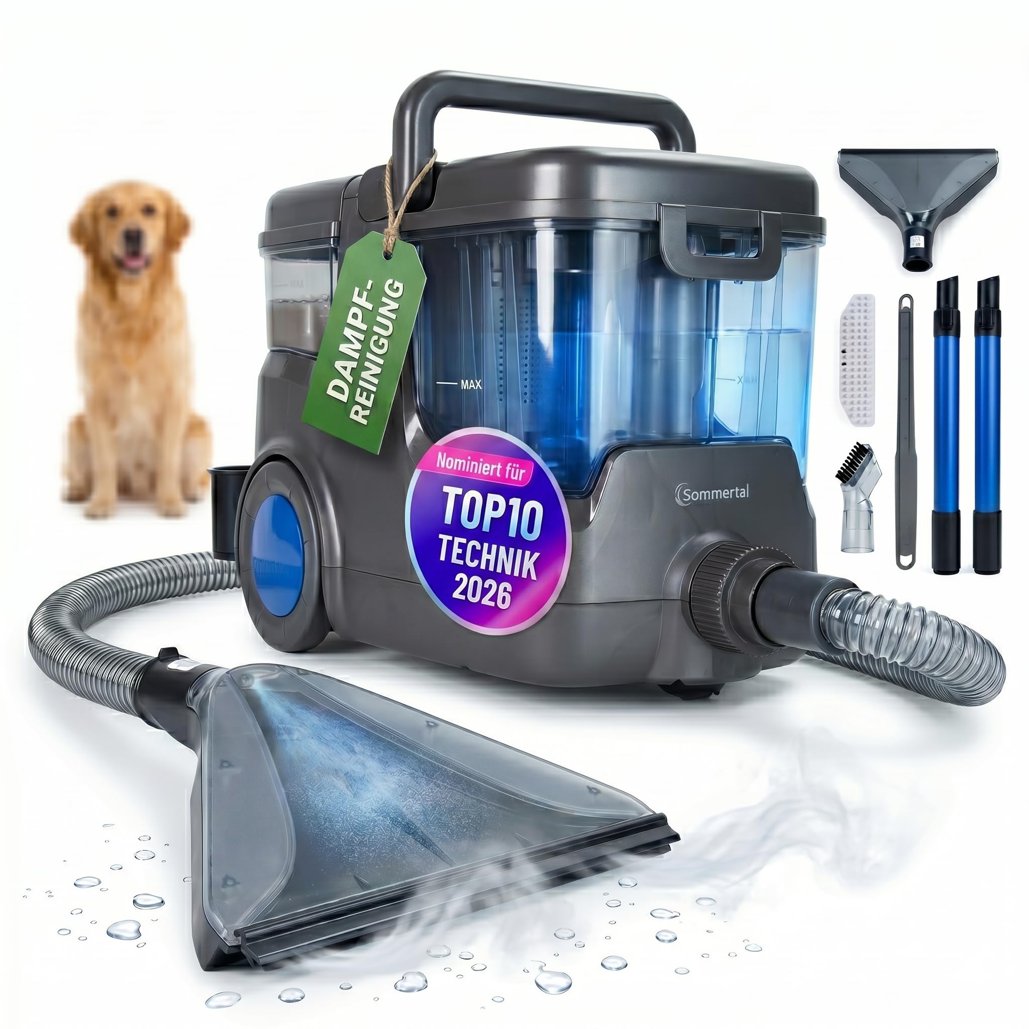 Sommertal HYDRO 9000 MAX Waschsauger | 1.000W, 28 kPa | Teppichreiniger & Polsterreiniger mit integriertem Dampfsauger und Nasssauger-Funktion für Teppich, Sofa, Auto-Innenraum & Matratzen