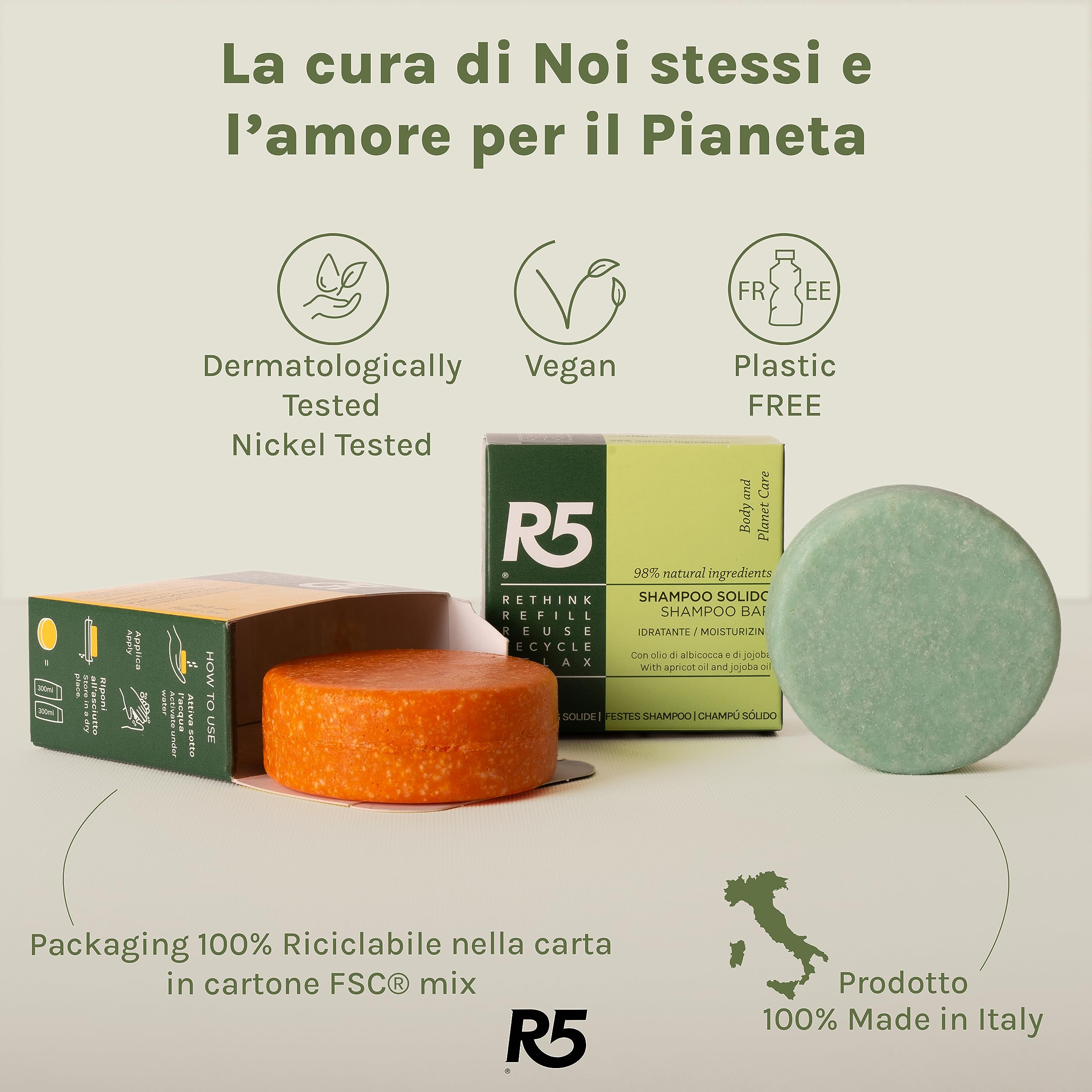 R5, Kit 1 Shampoo Solido Idratante e 1 Docciaschiuma Solido Nutriente al Profumo di Fiori, 2 Portasaponi in Plastica 100% Riciclata, Ecostenibili, Vegan, Made in Italy, Idea Regalo