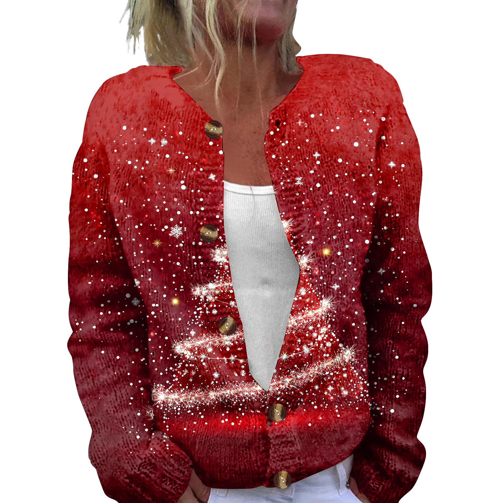Ugly Christmas Sweater Women Funny Xmas Print Button Down Open Front Cardigan Sweaters Knit Sweater Holiday Coat Top