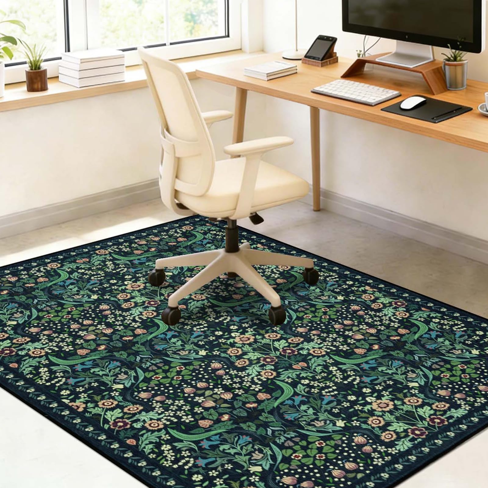 Famibay Mata ochronna na podłogę, krzesło biurowe, antypoślizgowa, podkładka na krzesło biurowe, 120 x 150 cm, duża, ciemnozielona, w stylu vintage, mata ochronna na podłogę do twardych podłóg