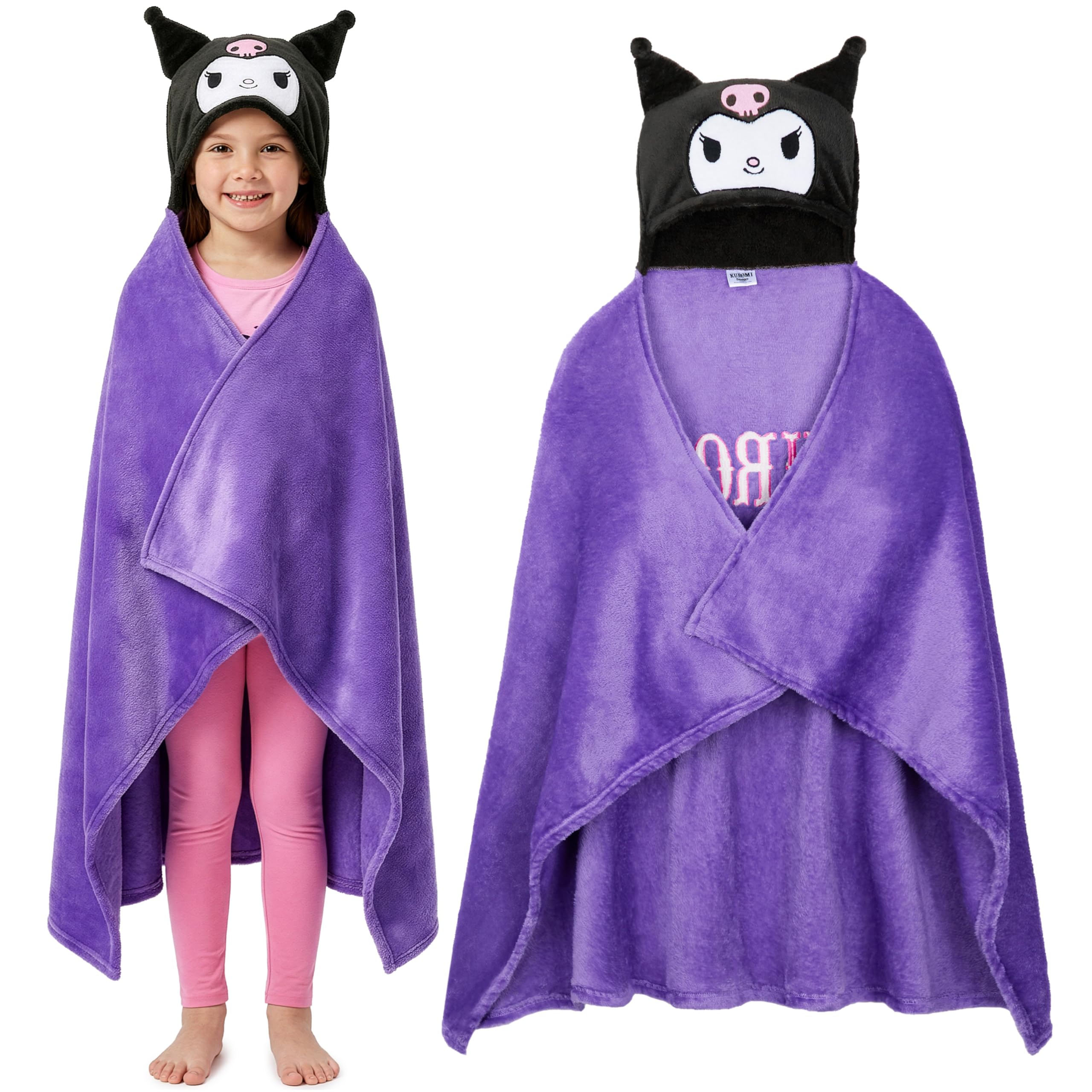 Hello Kitty Sanrio Wearable Blanket Girls Teens, Super Soft Hooded Fleece Throw Blanket, Kuromi Cinnamoroll Kawaii Loungewear, Anime Gifts for Her (Purple Kuromi)