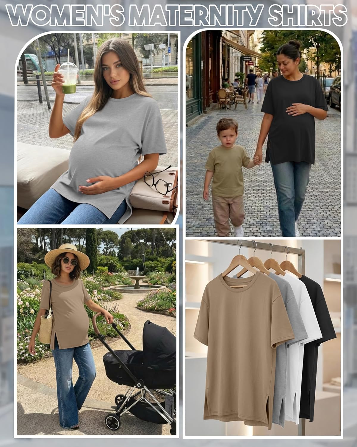 Riyiper 4 Pack Women's Maternity T Shirts, Short Sleeve Split Side Pregnancy Tee Tops Casual Loose Crewneck Maternity Clothes - Image 3
