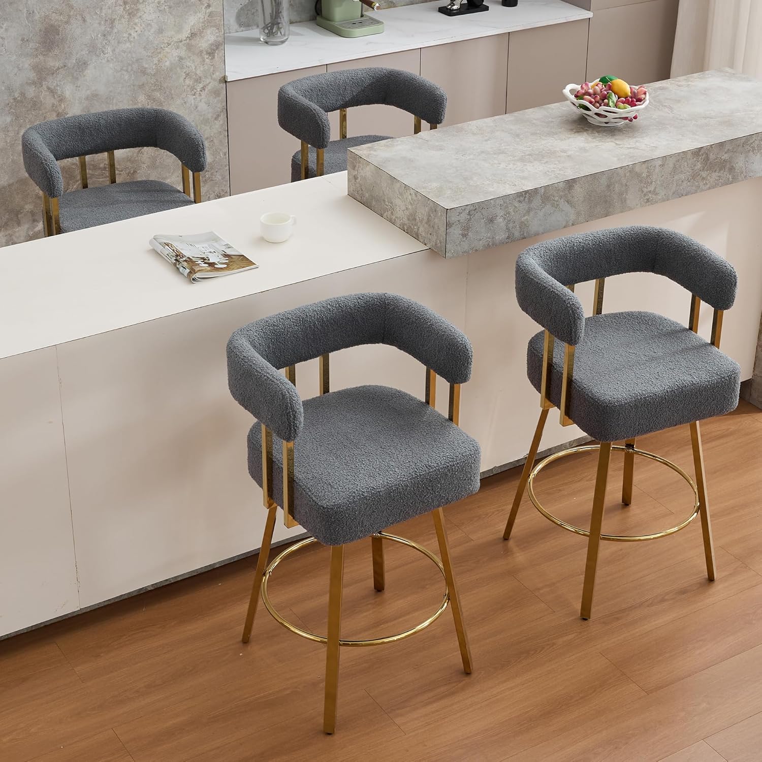 YITAI 27" H Counter Height Bar Chairs Set of 2, Modern Barrel Counter Bar Stools with Backrest and Arms, Gold Metal Legs, Teddy Velvet Upholstered Accent Barstools for Kitchen Island, Gray