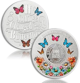 Colorful Sunflower 1000 Days Sobriety Coin, Butterfly AA Coin - Courage to Change AA Chips and Medallion - Silver Recovery Chip with Token Capsule - Alcohol Free Sobriety Gifts for Women Men