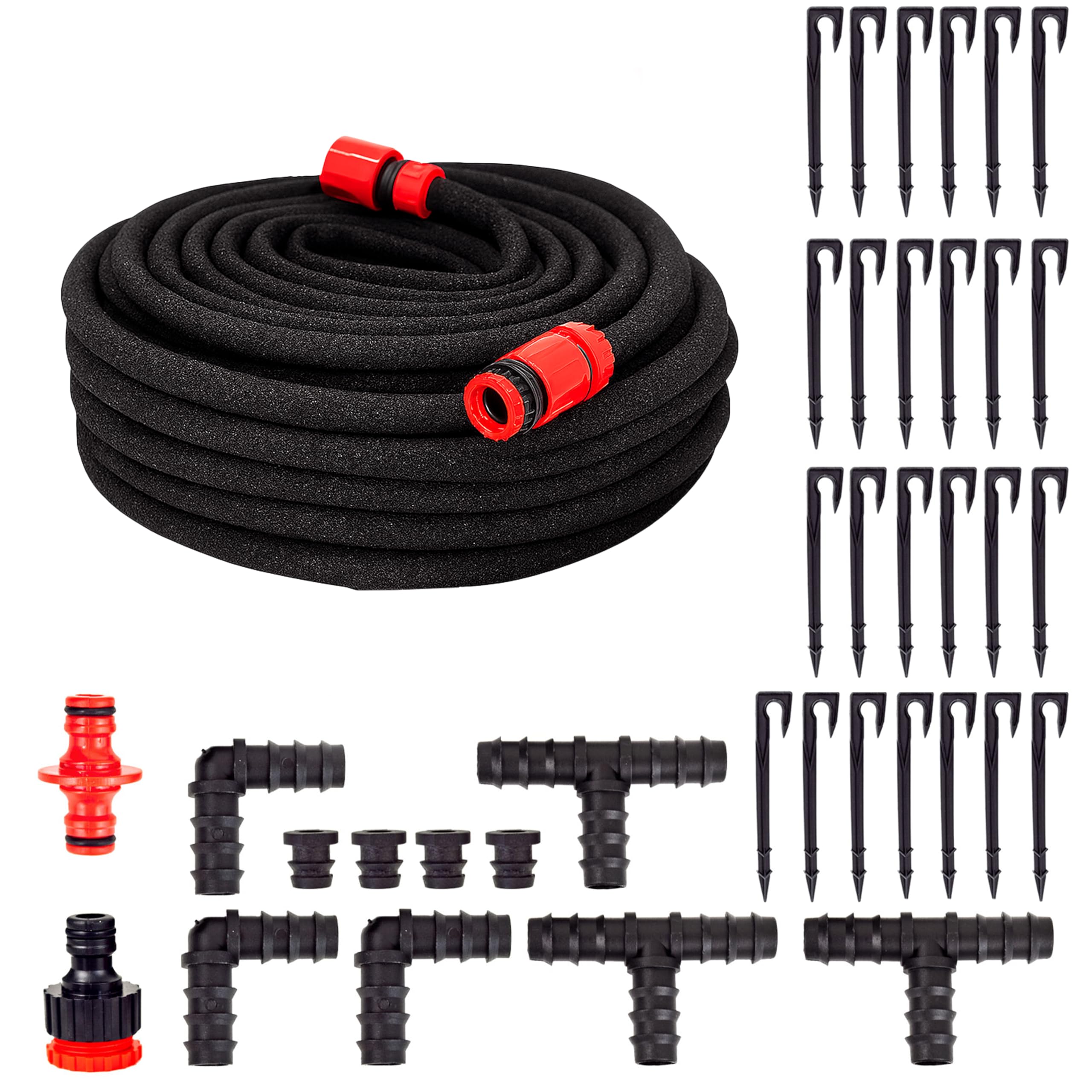 Grafner 50 Meter Perlschlauch Starter-Set, 38 teilig mit Erdanker, Eckverbinder, T-Verbinder, Endstopfen und Klickanschlüssen, wassersparend Bewässerungsschlauch Tropfschlauch