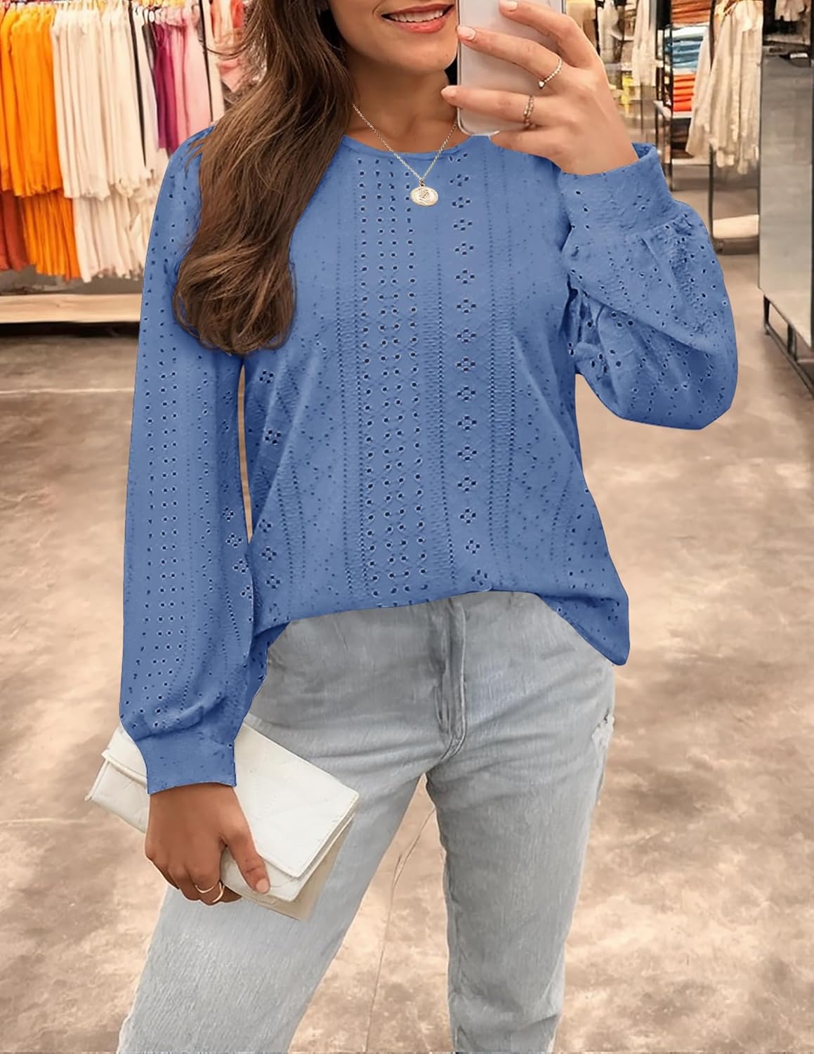 ZESICA Long Sleeve Eyelet Tops for Womens Crew Neck Spring Shirts Casual Loose Blouses 2026 Trendy Clothes - Image 7