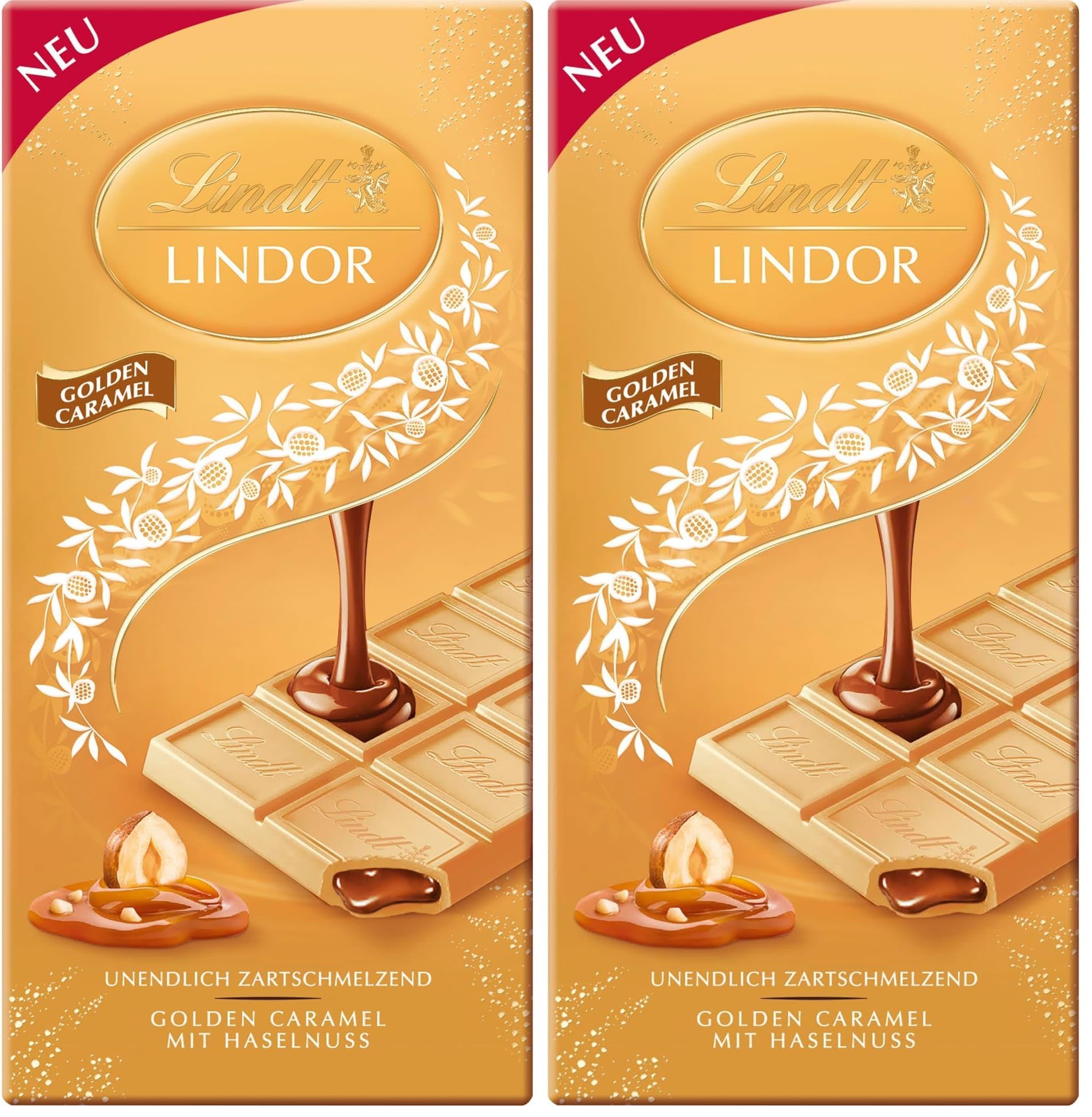 Lindt Schokolade | LINDOR Tafel Golden Caramel | 100g | feinste Vollmilch-Schokolade mit zartschmelzender Caramel & Haselnuss Füllung | Schokoladen-Tafel (Packung mit 2)