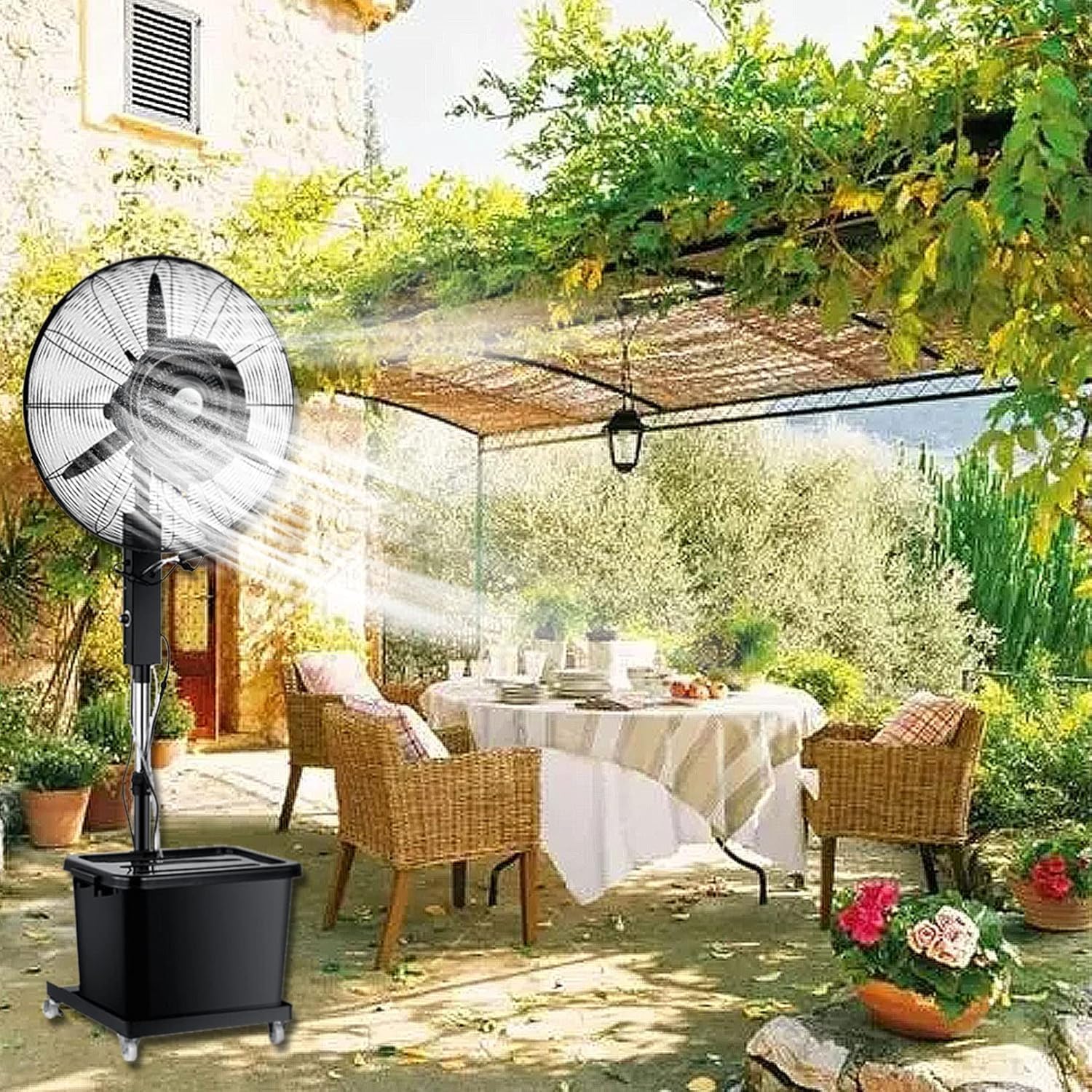 Ventilateur brumisateur à 3 Vitesses de Refroidissement et réservoir de 45 litres, Ventilateur sur Pied à Hauteur réglable pour Garage, Atelier ou Espace de Travail – Solution de refroidisse