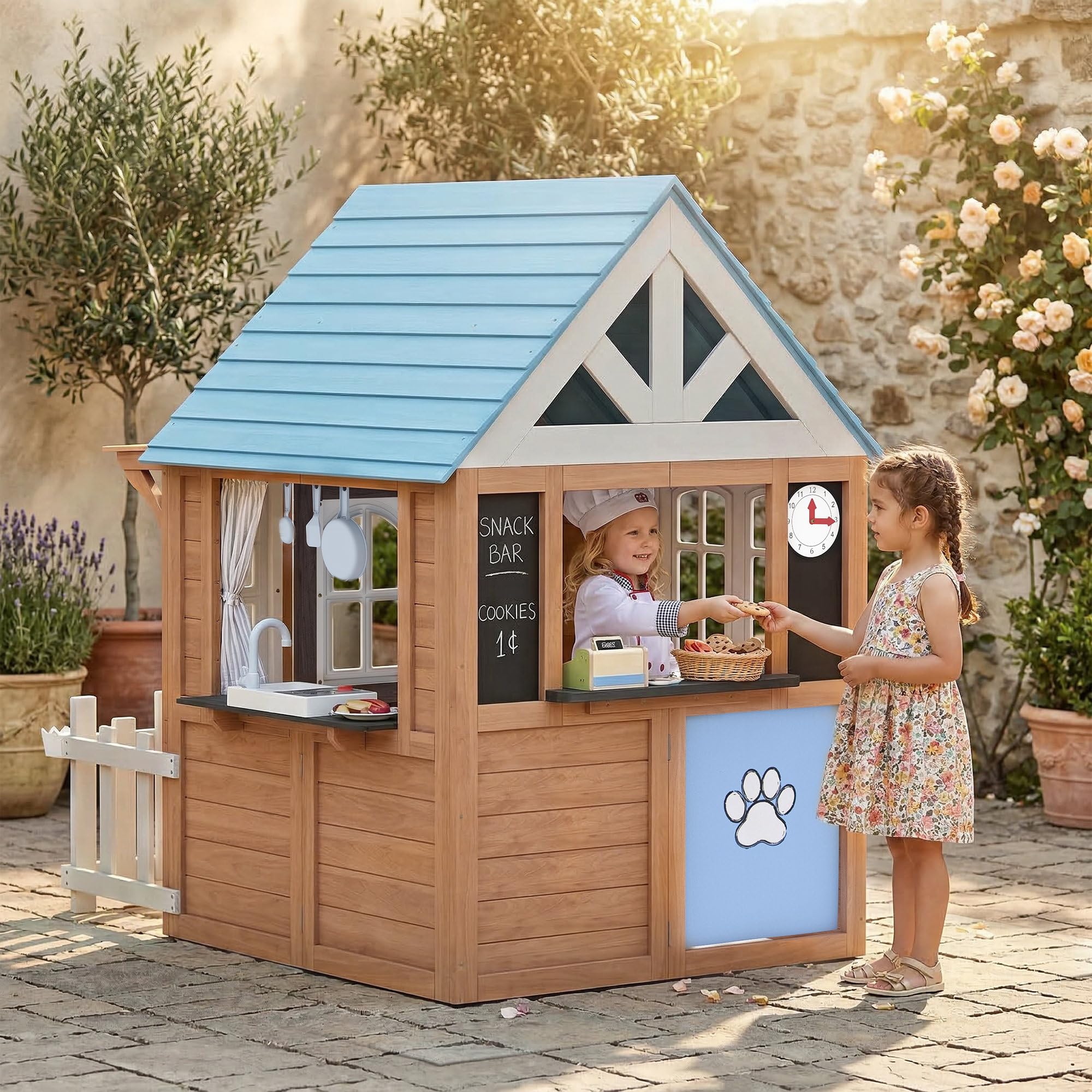 AIYAPLAY Cabane Enfant extérieur en Bois, Maison Enfant extérieure/intérieure avec chatière, Cuisine de Jeu, boîte aux Lettres, Sonnette, nichoir et clôture, pour 2-5 Ans, 165x116,5x163,5cm, Marron