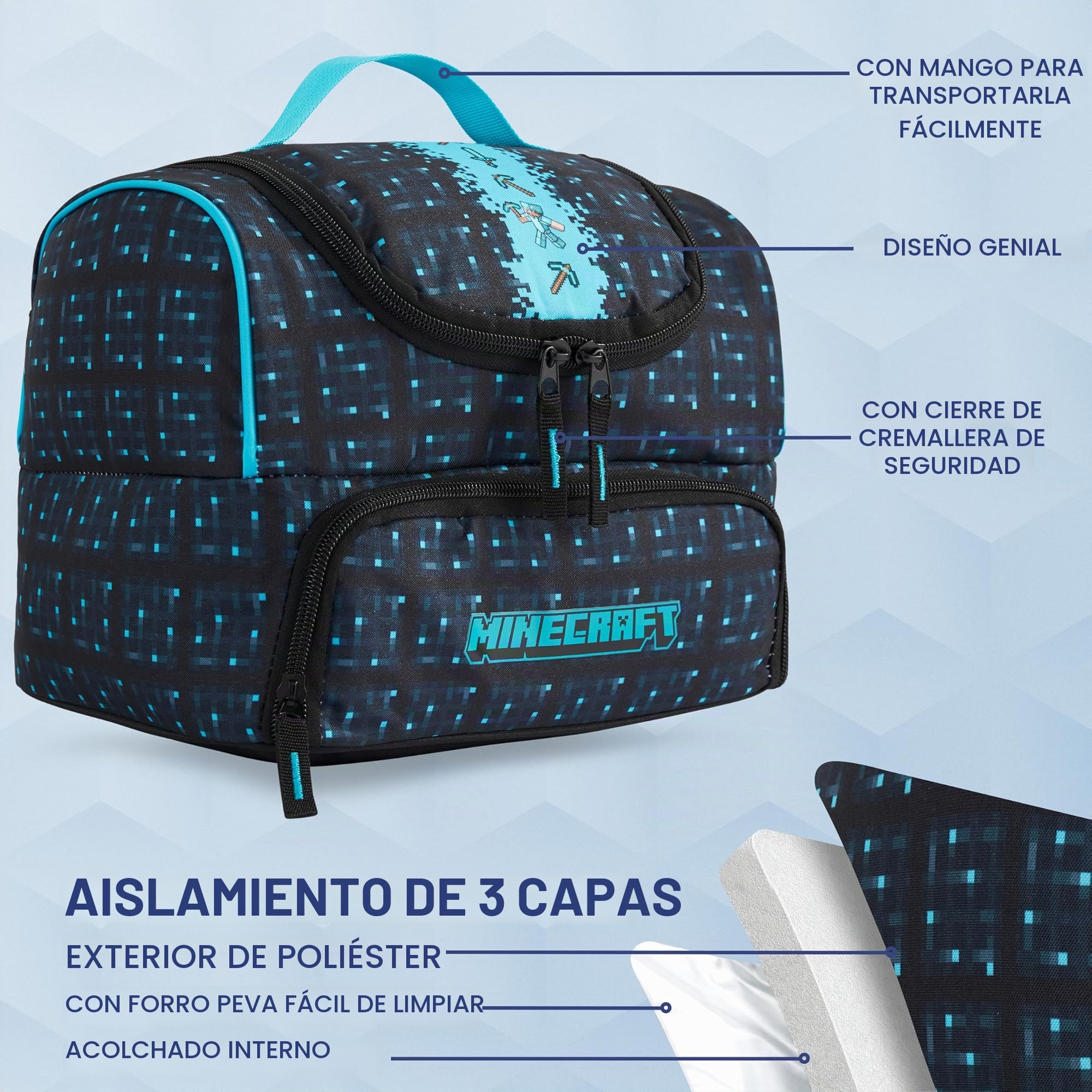 Get Trend Minecraft Bolsa Térmica Infantil, Lunch Bag 2 Compartimentos, Nevera Portátil, Bolsa Comida Escolar, Picnic o Viaje, Creeper Regalo Niños y Regalo Gamer (Multi/Turquesa Minecraft)