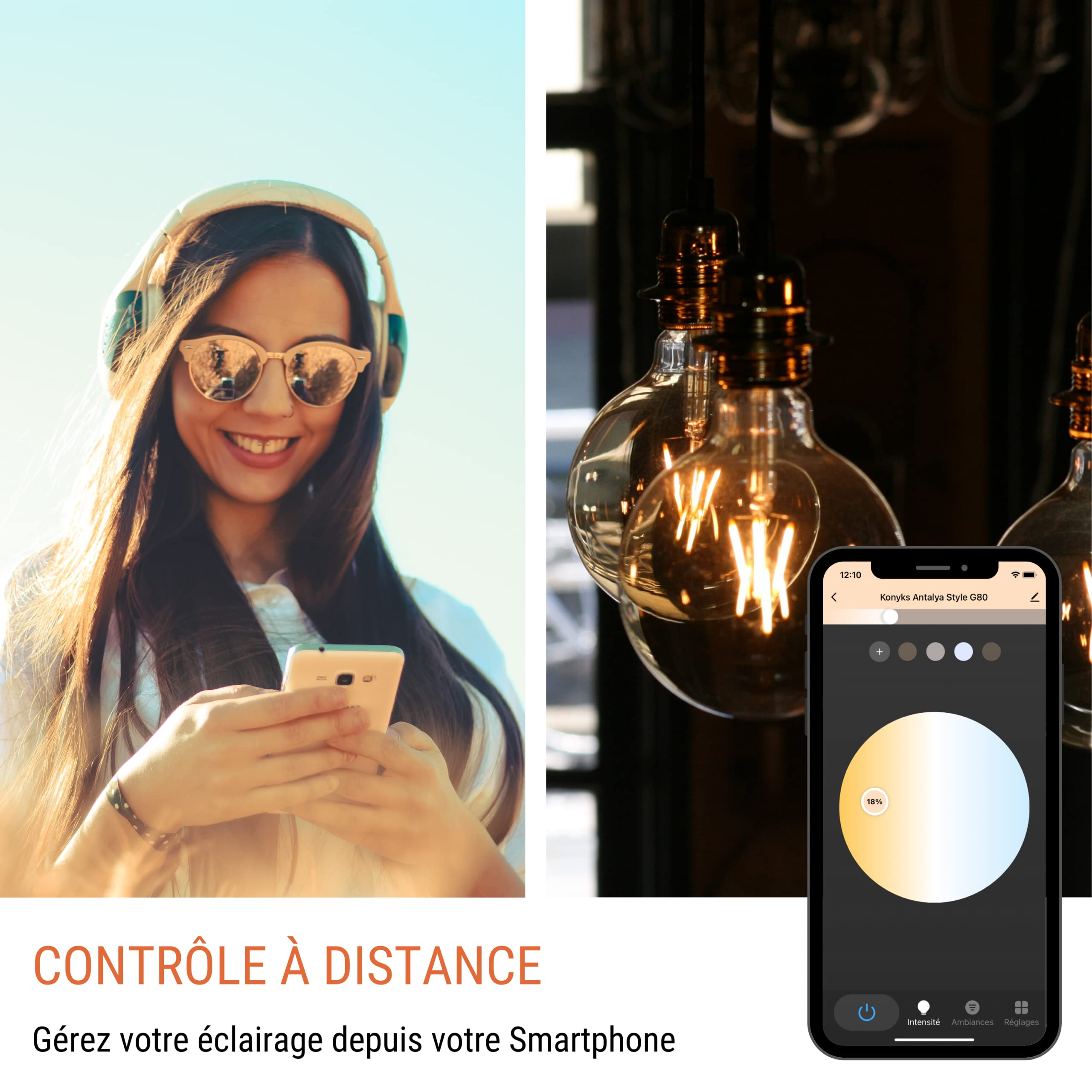Konyks Antalya Style G80 Amber Color Smart Żarówka LED WiFi + BT, kompatybilna z Alexa i Google Home, łatwa automatyzacja