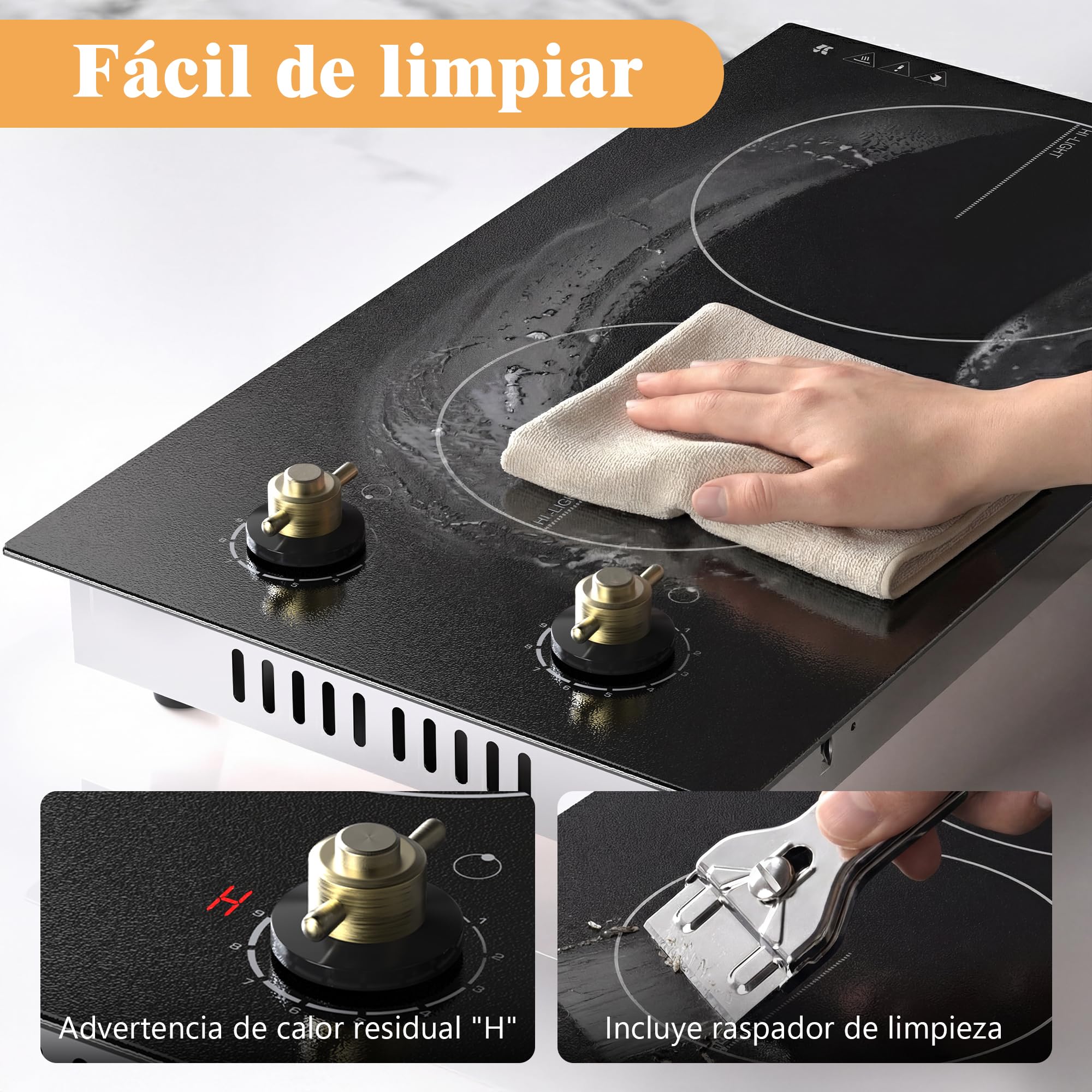 Karinear Placa Vitrocerámica de 2 Fuegos con Enchufe, Vitroceramica con Doble Mando Giratorio, Placa Eléctrica Independiente, Empotrable o Móvil, 220-240 V, 30 CM, 3000 W