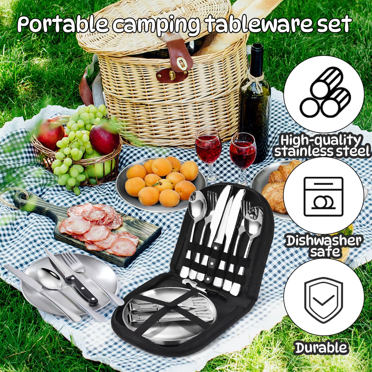 Set Couvert Camping 4 Personnes,21 Kit Vaisselle Camping Acier Inoxydable avec Sac Rangement,Portables Réutilisable pour Voyages,Camping,Randonnée,Plein Air