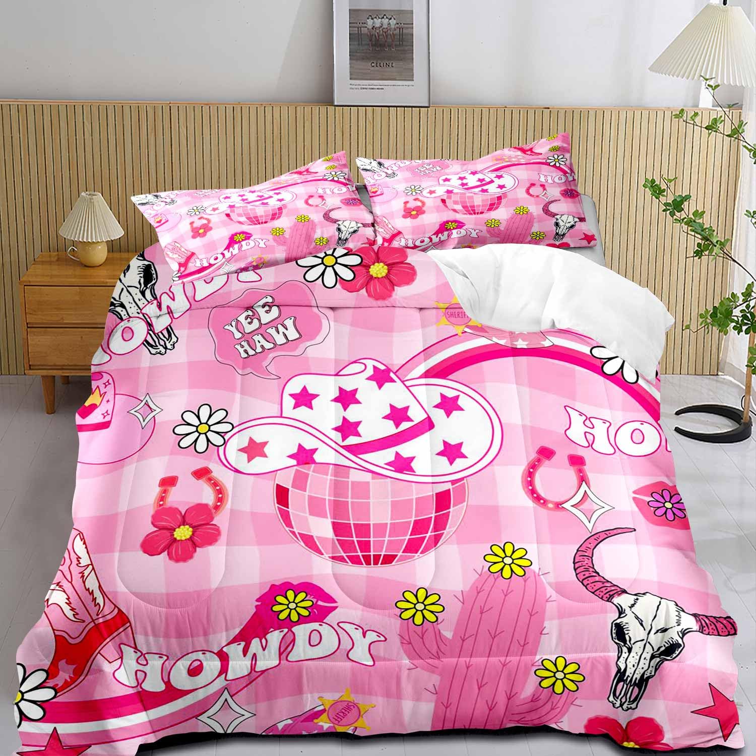 LUVIVIHOME 3PCS Disco Cowgirl Comforter Set Full Size, Preppy Bedding, Cute Flower Checkered Aesthetic Western Cowboy Boots Hat Howdy Hot Pink