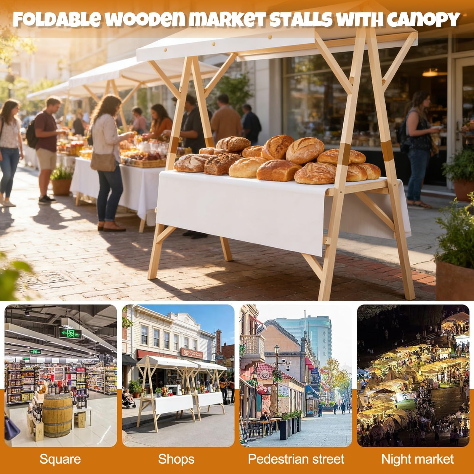HARELA Marktstand Imbisswagen Aus Holz, Faltbarer Verkaufsstand Mit Vordach, Marktstand-Ausstellungsständer für Outdoor, Verkaufsstand Für Hotdogs, Eis Und Snacks(White,150cm/59in)