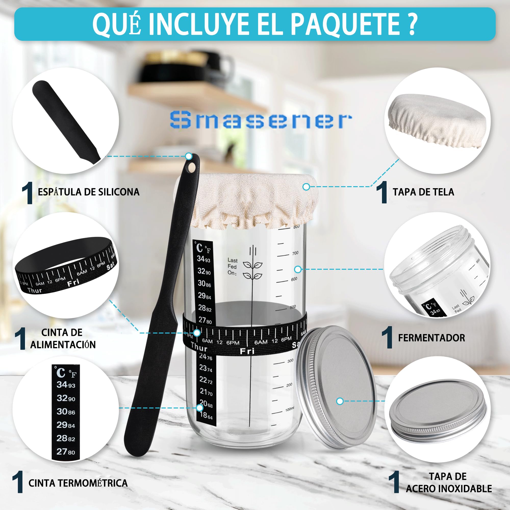 Sourdough Starter Kit 1000ml Tarro de Fermentación con Cuchillo de Panadero y Batidor de Masa Accesorios de Panadería