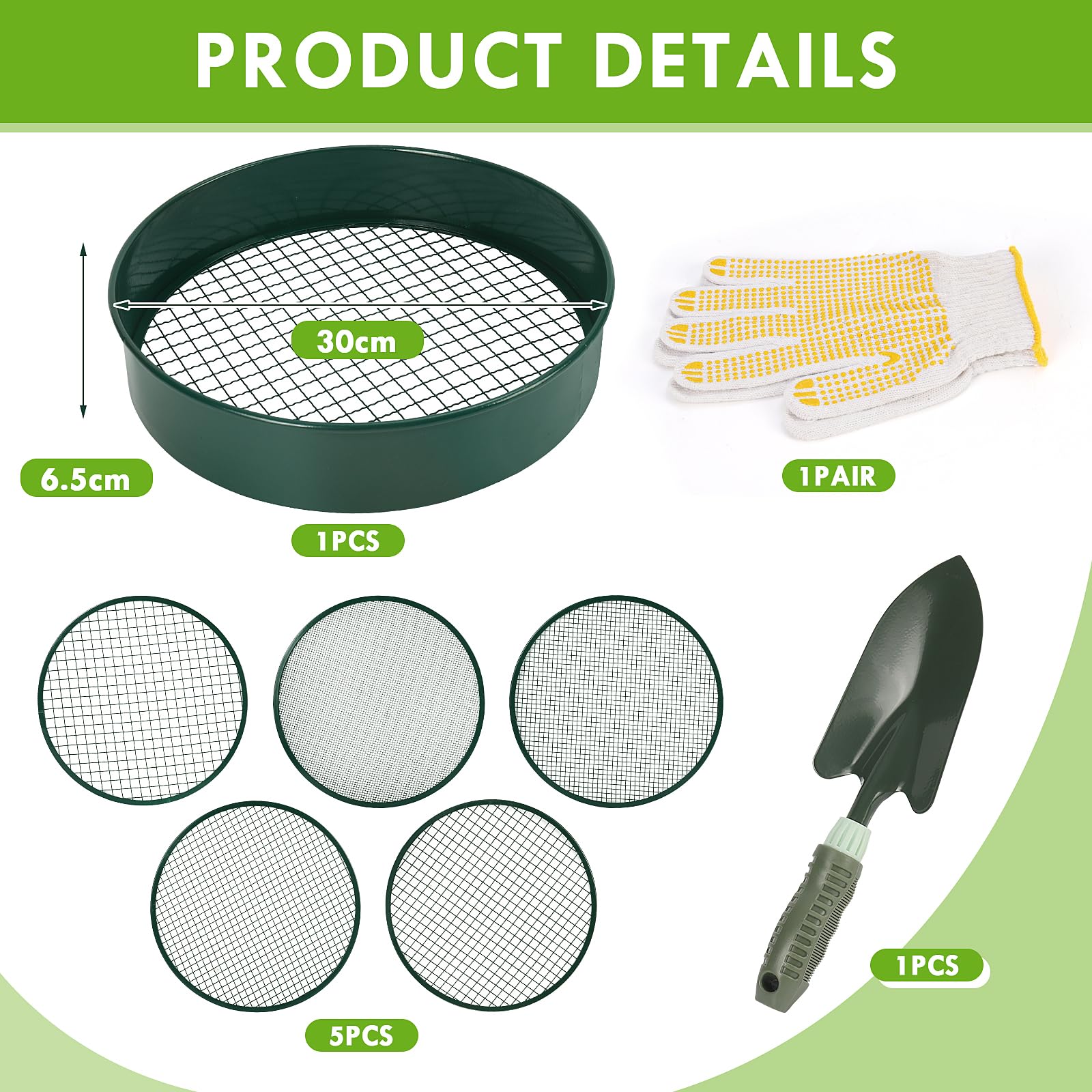 Setaccio Terreno per Giardinaggio, Setaccio Terreno in Acciaio Inox da 12 Pollici con 5 Schermi Fine Sostituibili, Guanti e Pala, Setaccio Sabbia, 3mm, 5mm, 8mm, 10mm, 12mm (Verde)