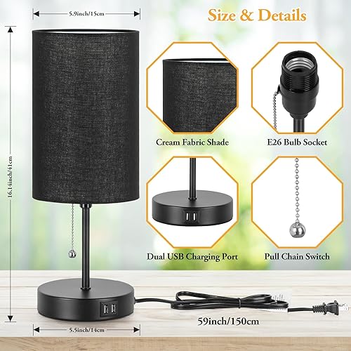 Miniatura 5 de Juego de 2 lámparas de mesa con 2 puertos USB, lámparas de noche para dormitorios, modernas lámparas de mesita de noche con cadena de tracción,