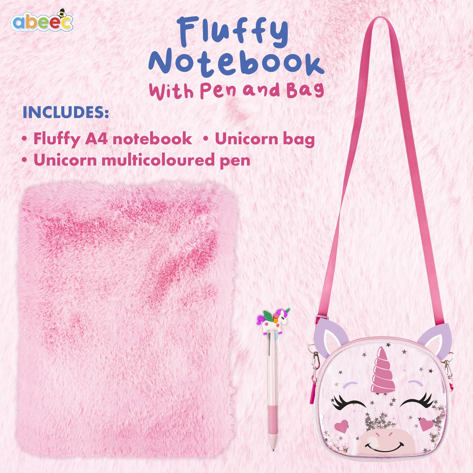 abeec Fluffy Unicorn A4 Notebook Set - Includes Girls’ Handbag, Multicoloured Pen & Lined Journal, Pink - Image 2